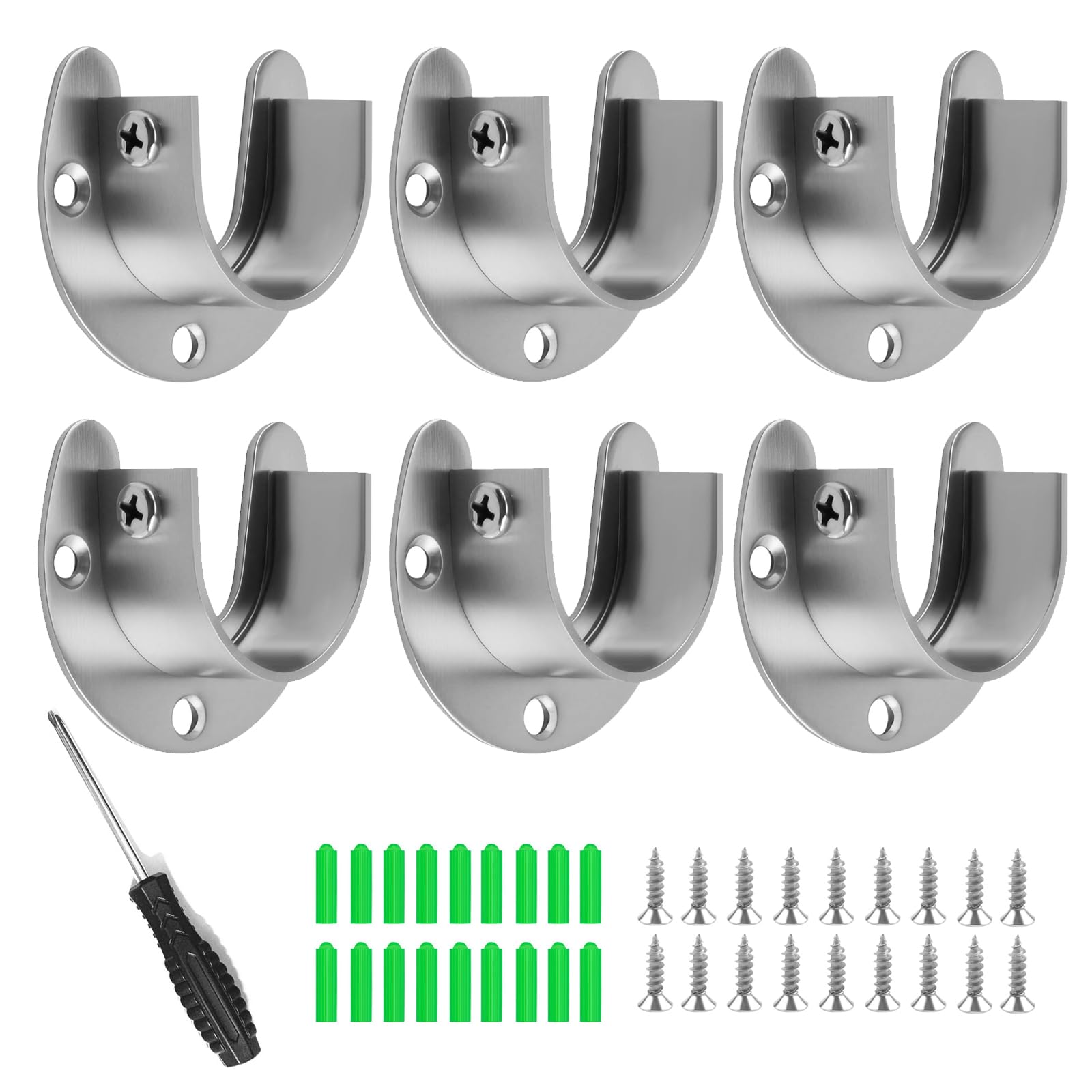 6 Stück Edelstahl Stangenhalterung U-Form Schrankrohrhalter Kleiderstangenhalter Edelstahl Rundrohr Halterung mit Schrauben für Garderobe Dusche Badezimmer Küche (Silber, 19mm)