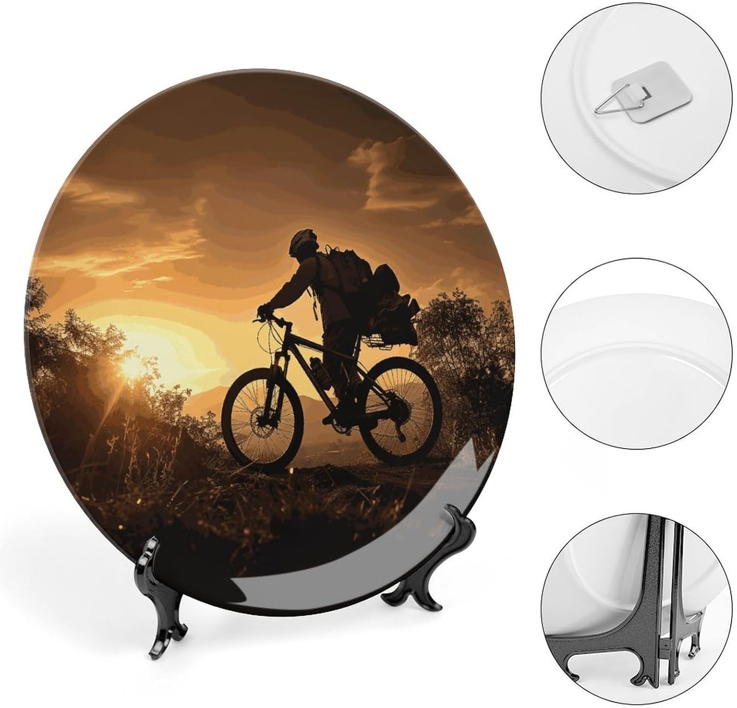 Mountain Bike in The Evening Decorative Plates for Display Round Porcelain Plate Living Room Table Ceramic Hanging Decorative Plate Art Decor for Living Room Table with 1 Display Stand 8inch