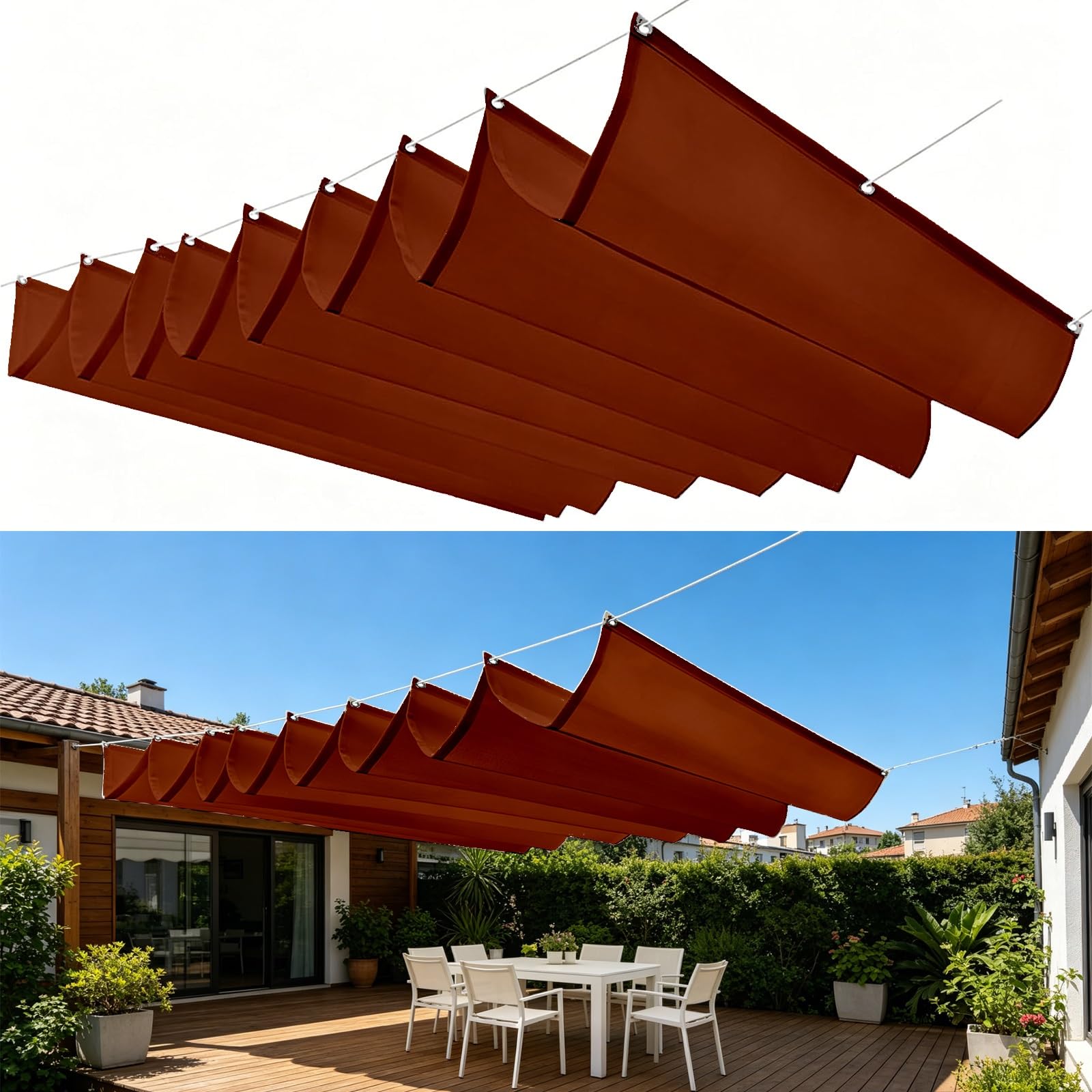 Toldo Retráctil Ondulado 100 x 1200 cm con Ojales y Cuerda, Vela Sombra Impermeable y Rectangular con Bloqueo UV y Resistencia a Desgarros para Jardín Porche Patio Barbacoa, Rojo óXido