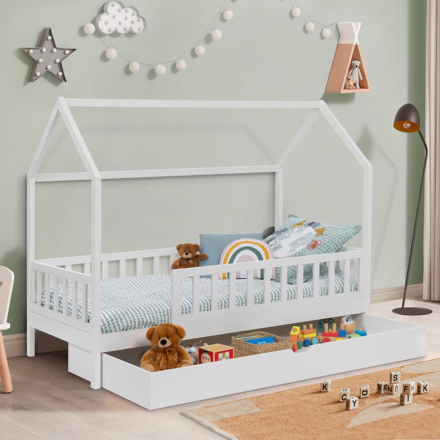 IDMarket – Cama cabaña infantil 80 x 160 cm, color blanco con 1 cajón nido y almacenamiento
