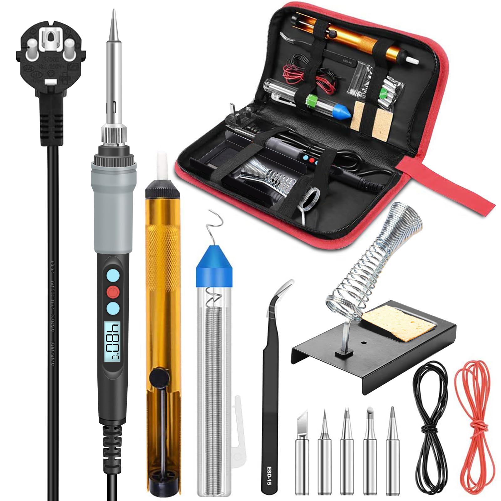 HANDSKIT 90W Tin Welder, 13 in 1 Professional Soldering Iron, LCD Display Tin Solders with Adjustable Temperature 180-480°C 5 pcs Tips, Desoldering Pump, Stand, Tweezers, Welding Wire