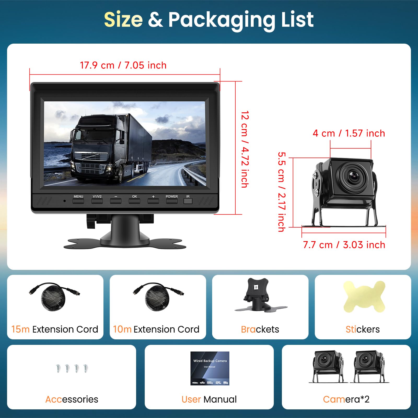Hodozzy Caméra de Recul Kit, Ecran 7 Pouces HD Moniteur Filaire avec 2 Cameras Etanches Vision Nocturne Double Camera de Recul pour Voiture Filaire avec DVR pour Camion/Fourgon/Camping Car/Remorque