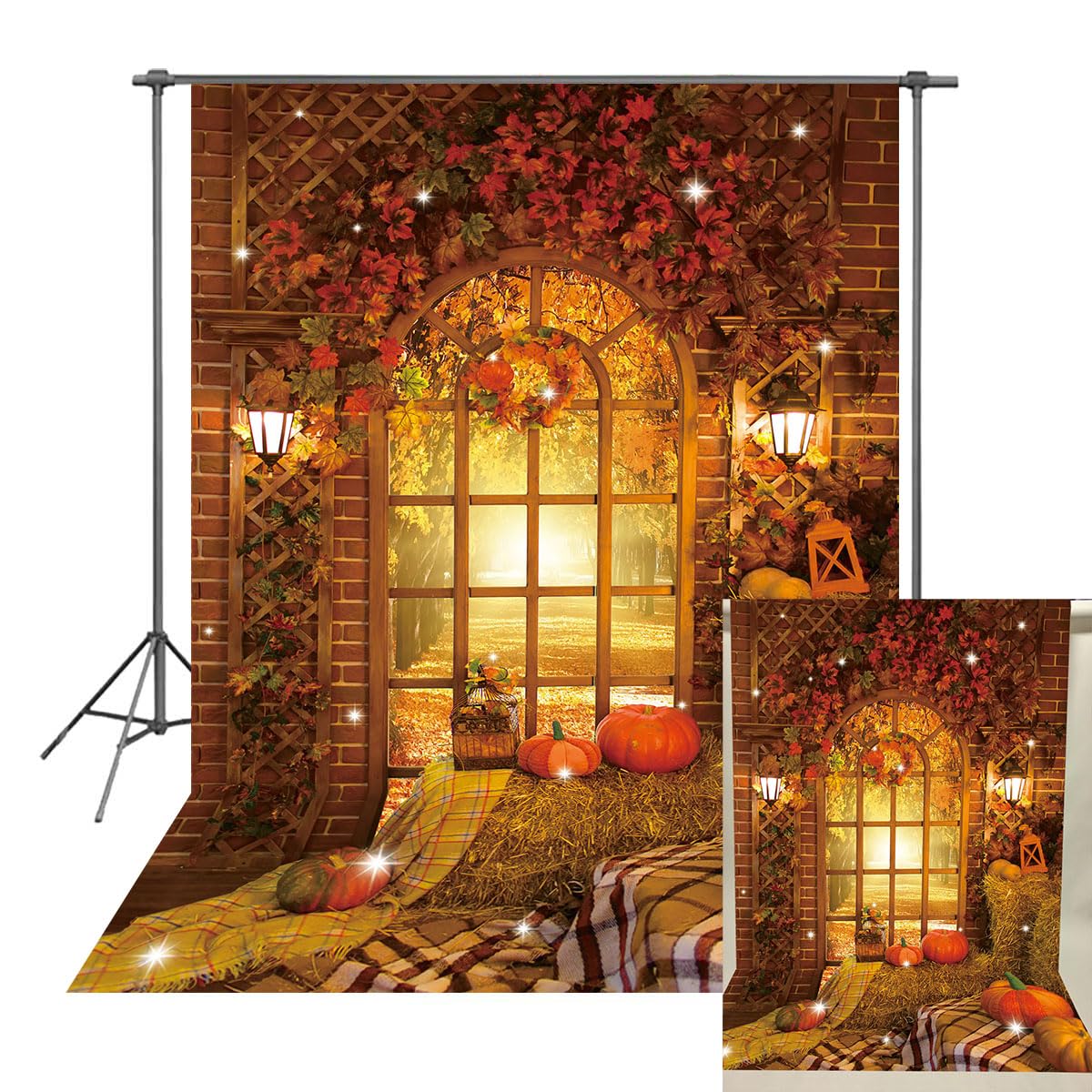 BAIFNEZ 5x7FT Autumn Rustic Maple Leaves Barn Door Backdrop Fall Thanksgiving Farm Pumpkin Haystack Harvest Background Family Autumn Festival Party Decor