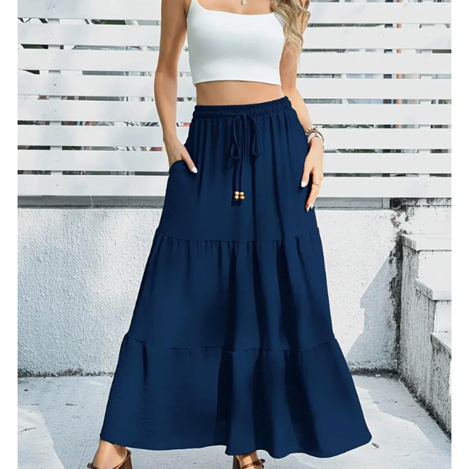 DUddTTW Pleated Women's Midi Skirt Maxi Skirts Midi Length Flowy Skirt Ankle Length Skirts High Waisted Swing Skirt with Pockets Fashion(Seablue,XX-Large)