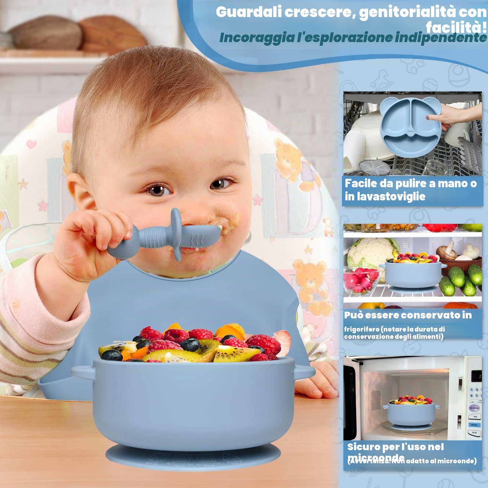 Set Pappa Svezzamento, 11 Pezzi Svezzamento Set Silicone Piatto per Bambini con Ventosa Ciotola Cucchiaio Tazza Bavaglino,Training Esercitarsi A Mangiare Da Soli, Set di Posate,Senza BPA(Blu)
