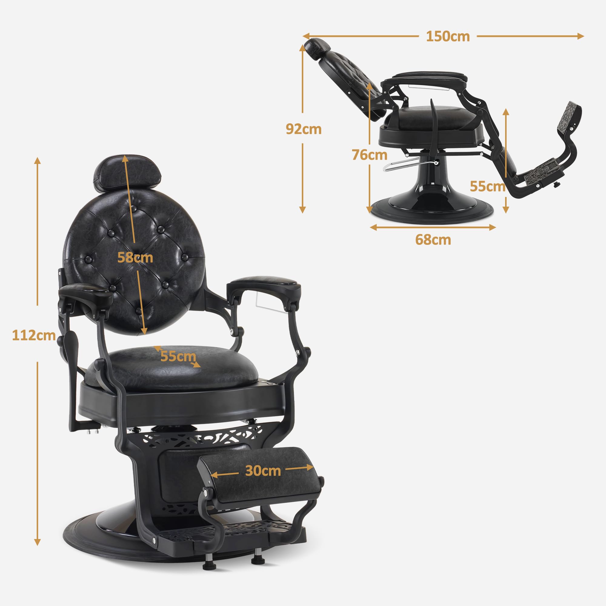 Sedia da parrucchiere con poggiatesta inclinabile regolabile in altezza girevole 360° stile retrò nero