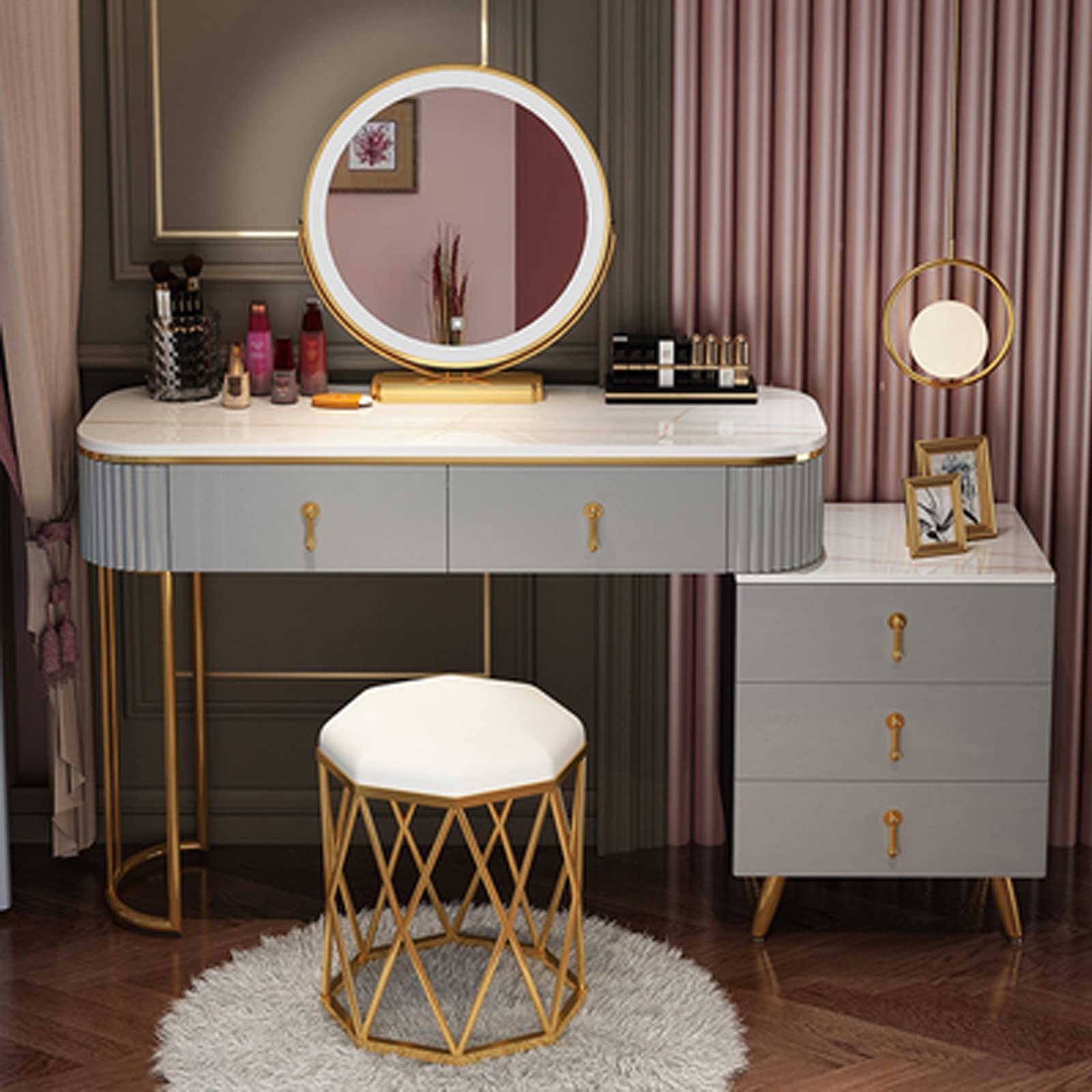 asdchZen Vanity Makeup Desk Set With Adjustable Mirror Cushioned Stool 5 Drawers Cosmetic Storage Nizer Gray+Gold 31.5 Inch,Gray+gold-100cm/39.4 inch