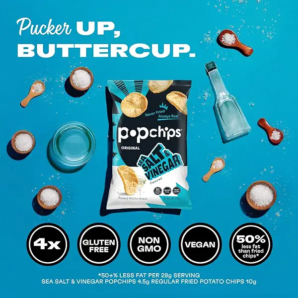 Popchips Potato Chips, Sea Salt & Vinegar, 5.0 oz. Share Bags, Low-Calorie, Gluten Free, Salty Snacks for Adults and Children, Non-GMO, Vegan & Kosher Friendly, 130 Calories Per Serving 4