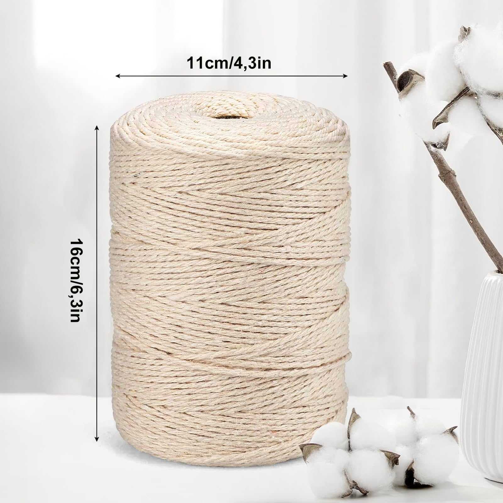 HOVIBU Filo Macramè, 3mm x 300m Corda Macramè in Cotone Premium Beige, Macrame Corda Morbido, Macramè Filo per Artigianato, Piante Sospese, Decorazioni Bohémien, Arazzi, Appendini per Piante