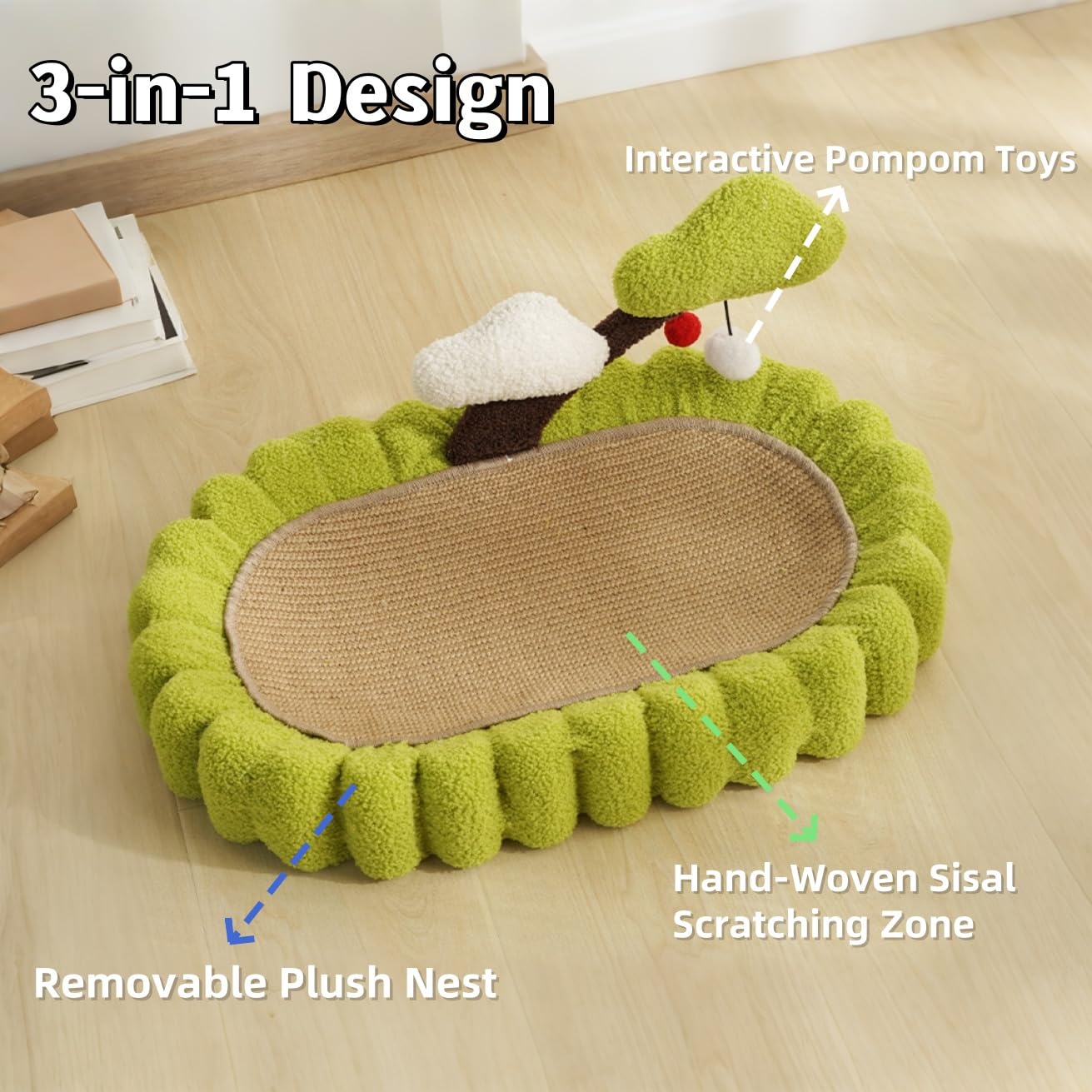 FlarePaws Hand-Woven Sisal Cat Scratcher Bed, 3-in-1 Functional Design with 2 Pompom Toys, Green Small Tree Design Scratch Post & Lounge, Durable Furniture Protector for Indoor Cats (Green, 25.6in)