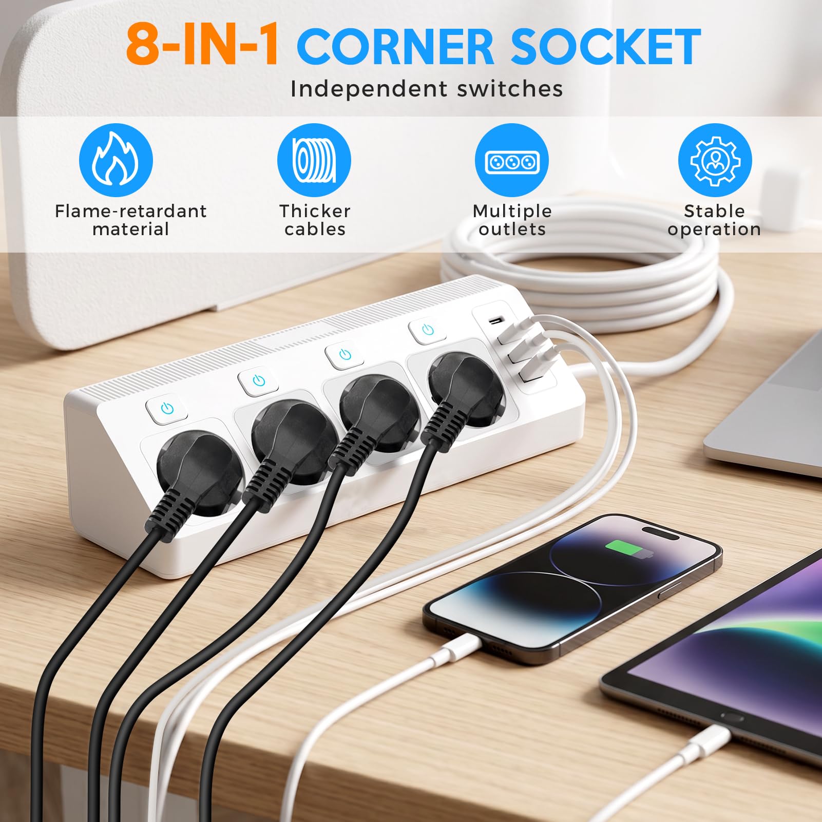 Multipresa a 4 prese con USB-C e Interruttori Indipendenti | Multipresa da Scrivania 4 porte USB, Multipresa con protezione da sovratensioni, 3680W, 16A, 2m, per cucina, casa e ufficio