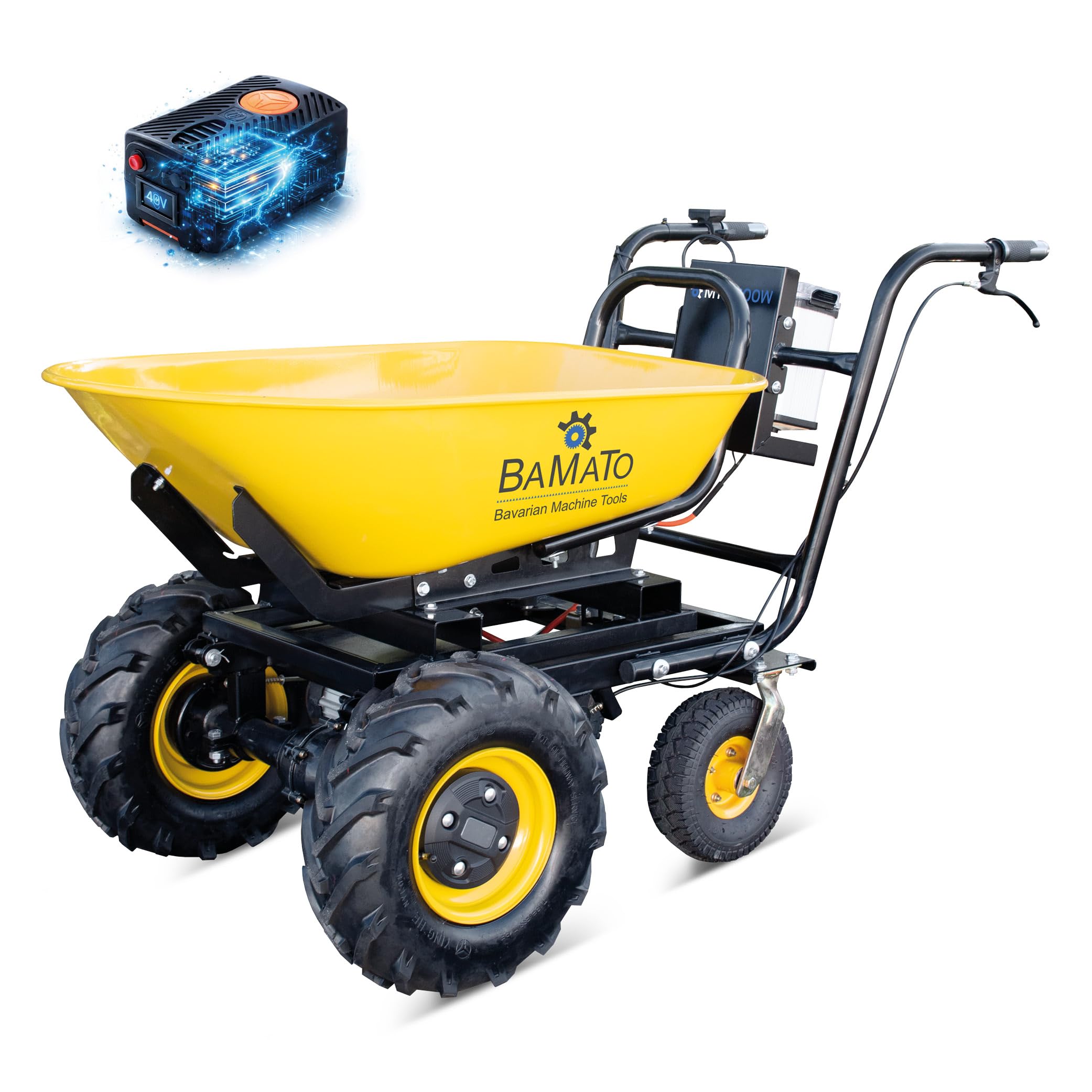 BAMATO Elektrische Schubkarre MTR-300W | Elektroantrieb | 300 kg Traglast | 400W Motorleistung | Max. 6,0 km/h vorwärts | Muldenvolumen 100 Liter | Stufenlose Geschwindigkeit | Schubwagen Schubkarren