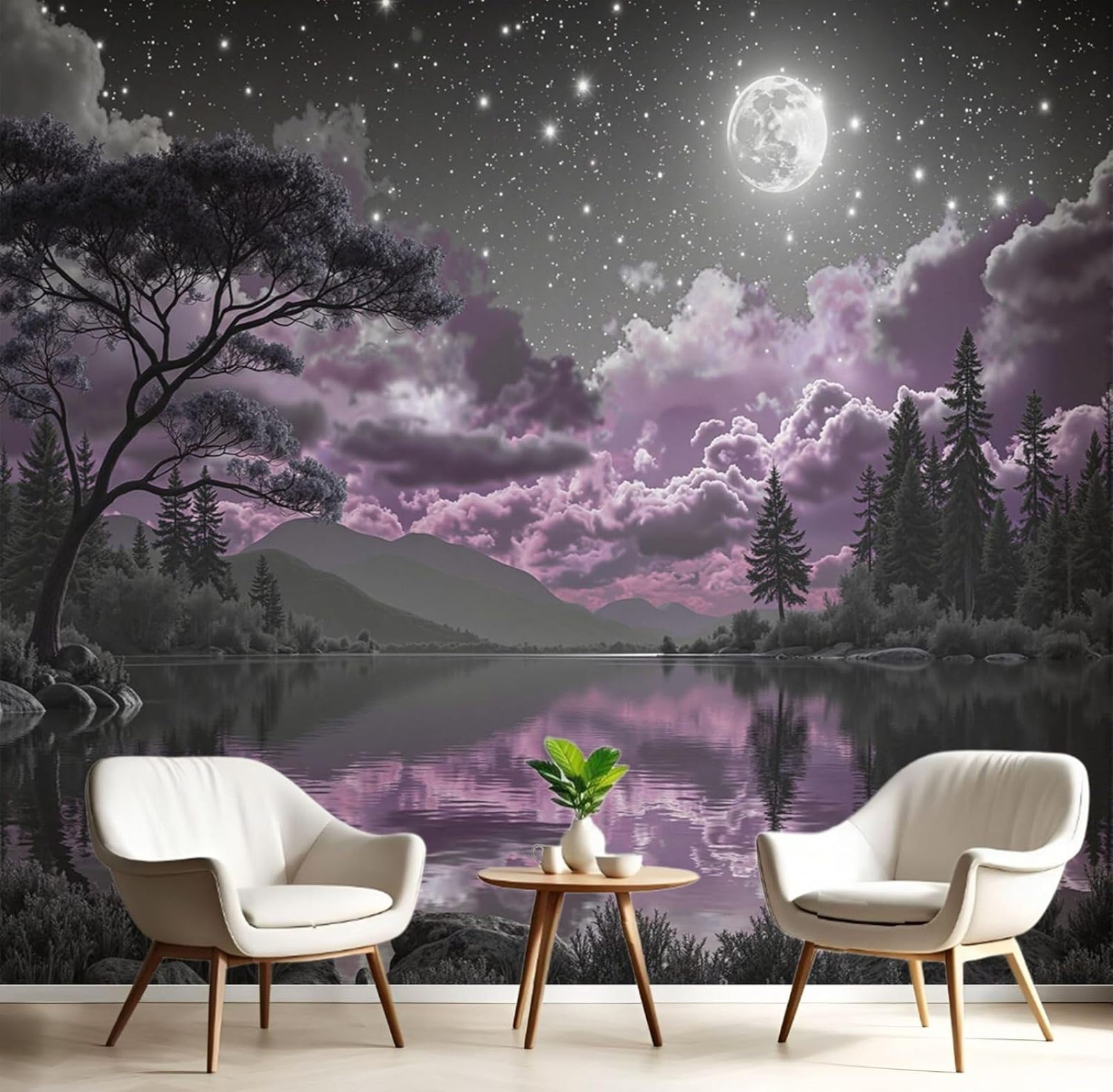 kfjhgbdshhj Purple Clouds Night Sky Non-Woven Photo Wallpaper Living Room, Lake Forest Decoration Decoration Bedroom Restaurant Cafe Office Hallway,400cmx280cm Stickers - Frameless Painting - Poster