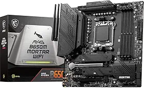 MSI Placa-mãe para jogos MAG B650M Mortar WiFi (processadores AMD Ryzen 9000/8000/7000, AM5, DDR5, PCIe 4.0, slots M.2, SATA 6Gb/s, USB 3.2 Gen 2, HDMI/DP, Wi-Fi 6E, Bluetooth 5.3, LAN 2.5Gbps, mATX)