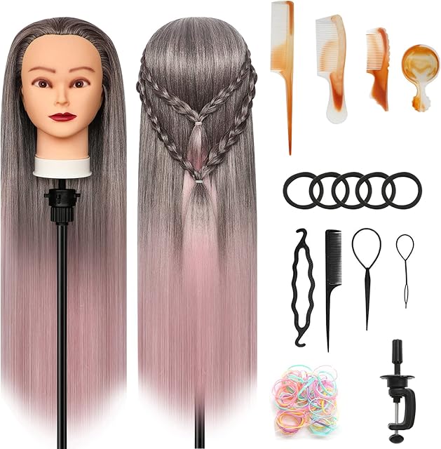 Styling Head 28 inch Training Head 100% Synthetic Fibres Hairdressing Head Hairdresser Training Heads with Free Clamp and DIY Braiding Set (Gradient powder)