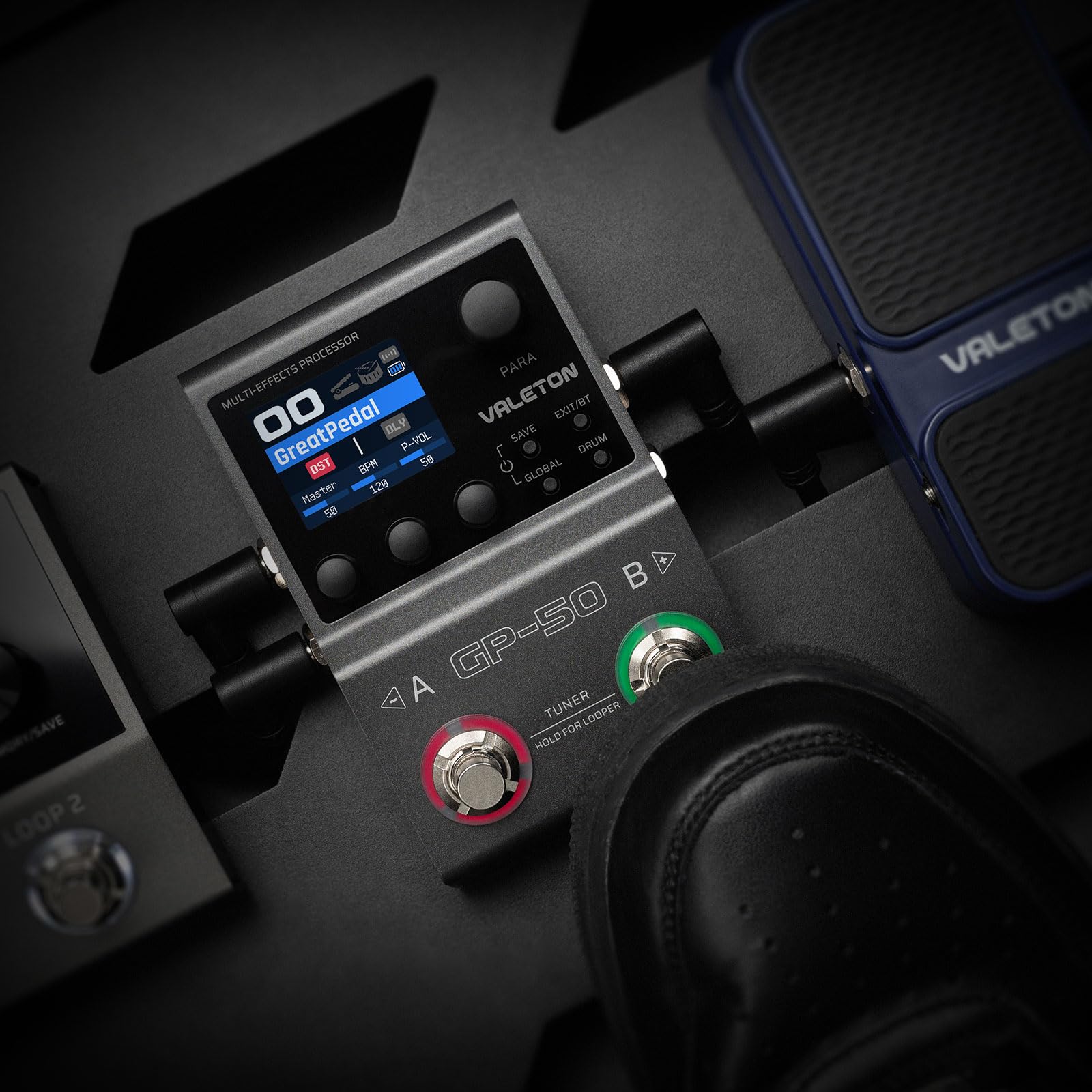 VALETON Processore Multi-Effetti & Loader NAM/IR con 100+ Effetti HD, 9 Moduli Simultanei, Controllo App BT, 100 Slot Patch per Chitarra e Basso GP-50