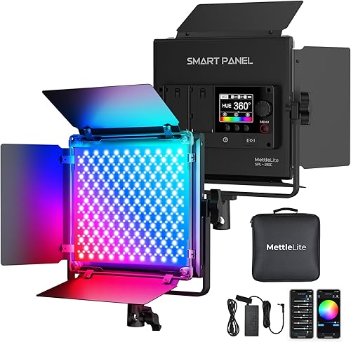 Mettlelite Luz de video LED RGB SPL210C con control de aplicación, panel RGB 360 a todo color, 2800K-8000K, CRITLCI 97+, 10 escenas, iluminación