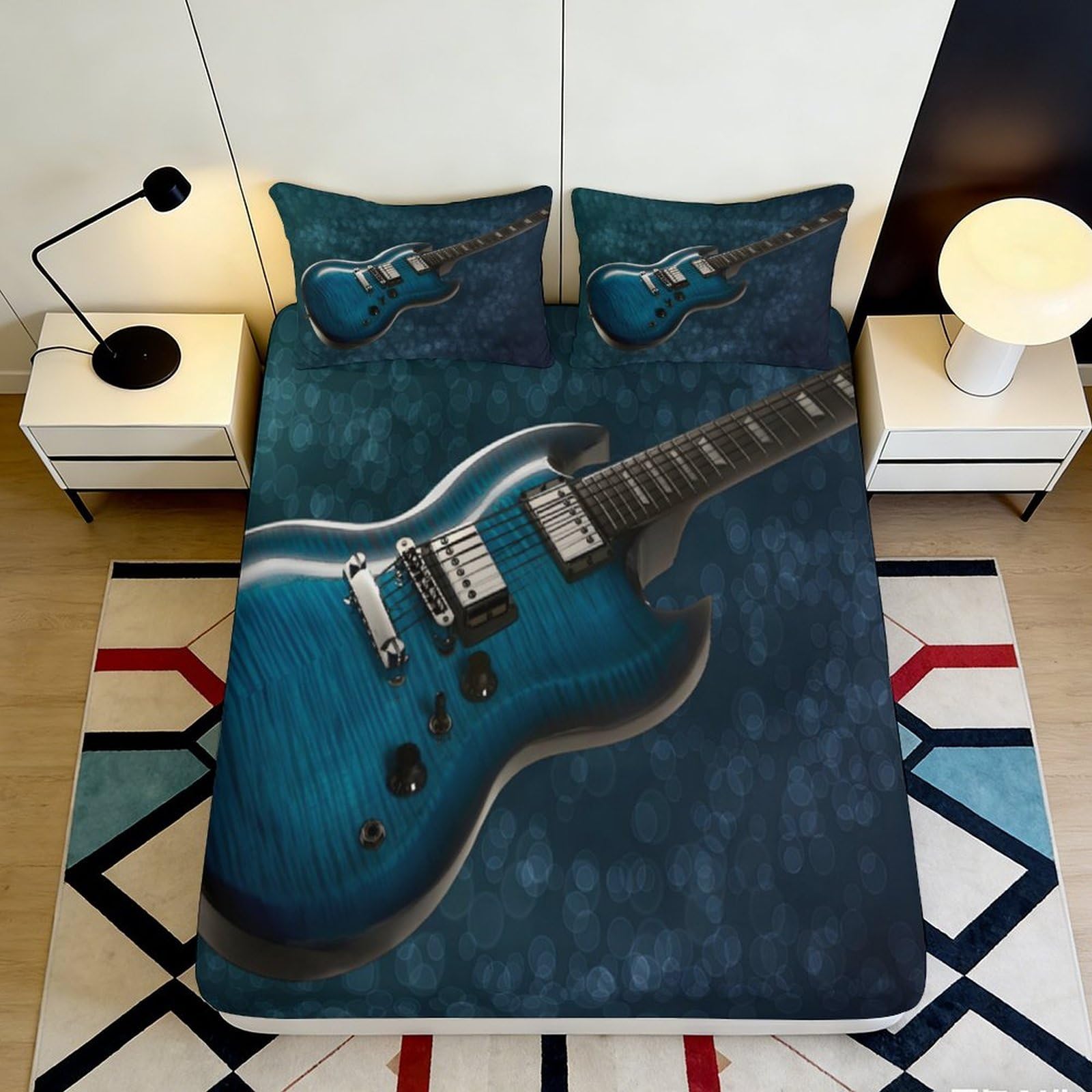 3D Printed Guitar Design Fitted Sheet Microfiber Deep Pocket Non-Slip Music Bedroom Mattress Fitted Cover Washable 140x200x25cm