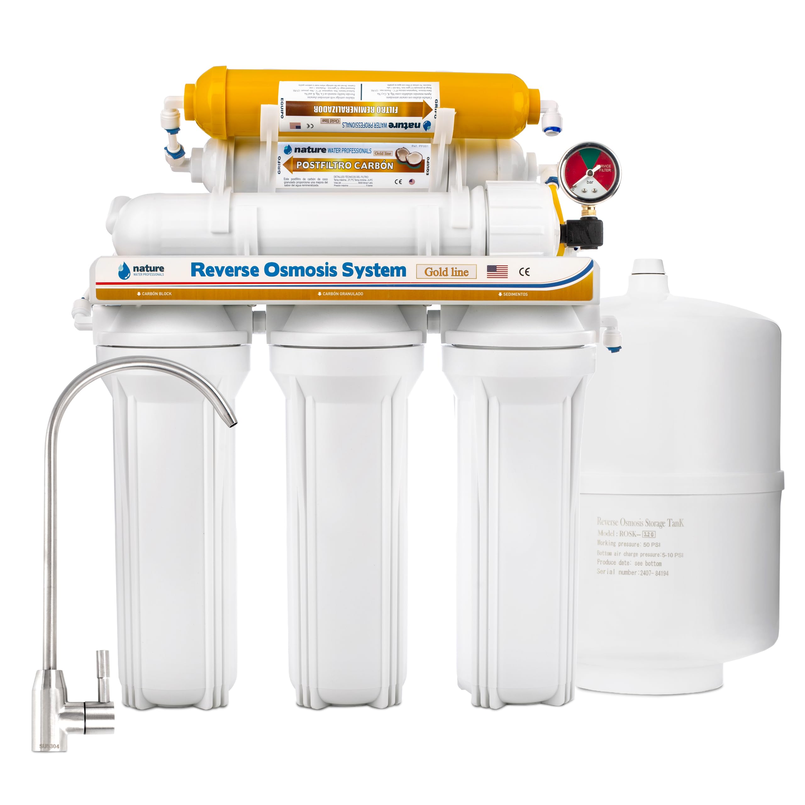 NATURE WATER PROFESSIONALS Equipo de Osmosis Inversa - Kit para Osmosis de 6 Etapas - Capacidad para 5 L - Incluye Membrana Vontron de 50GPD, Deposito y Filtros