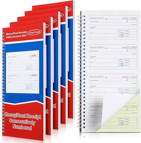 Crtiin 6 libros de 5-14 x 11 pulgadas, libro de recibos de dinero y alquiler, libro de recibos de 2 partes sin carbono con copias autocopiadas,