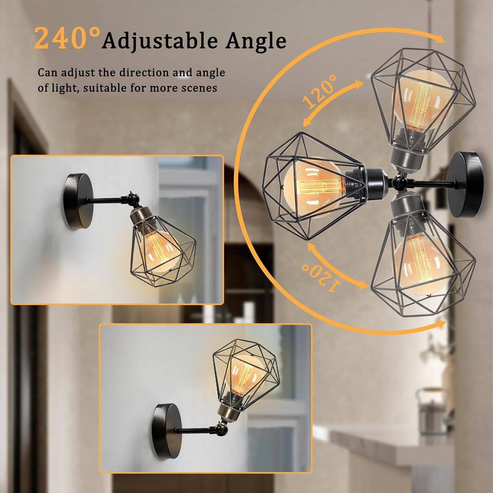 Lot de 2 Appliques Murales Interieur Vintages Industrielles Plafonniers Luminaires E27 en Métal Lampe Murale Industrielles Rétro Réglable 180° éclairage Mural Cuisine Salon (2pcs)
