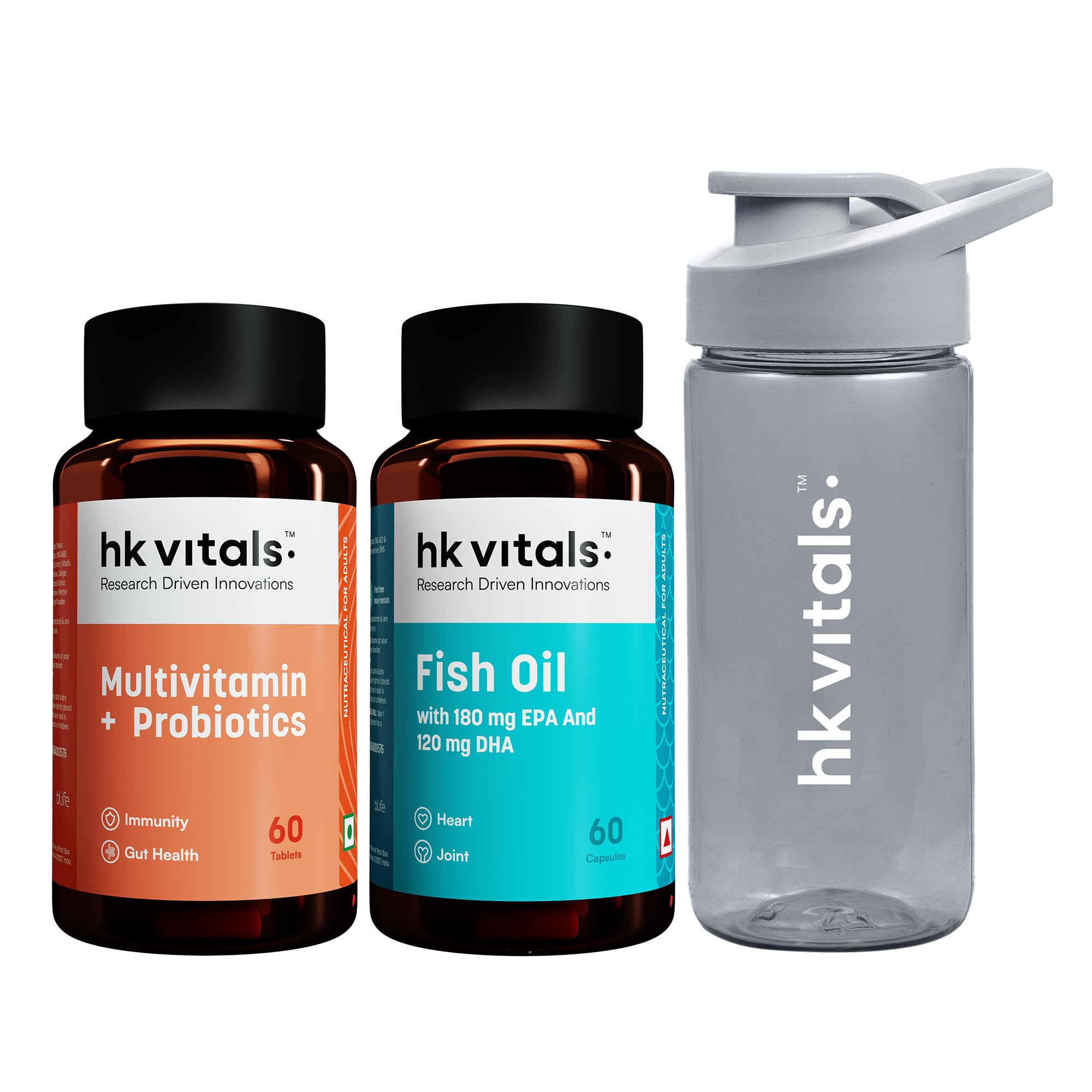 hk vitals Fish Oil & Multivitamin Plus Probiotics (60 Tablets Each) | 1000mg Omega 3 with 180mg EPA & 120mg DHA |Combo Pack with Sipper, 300ml