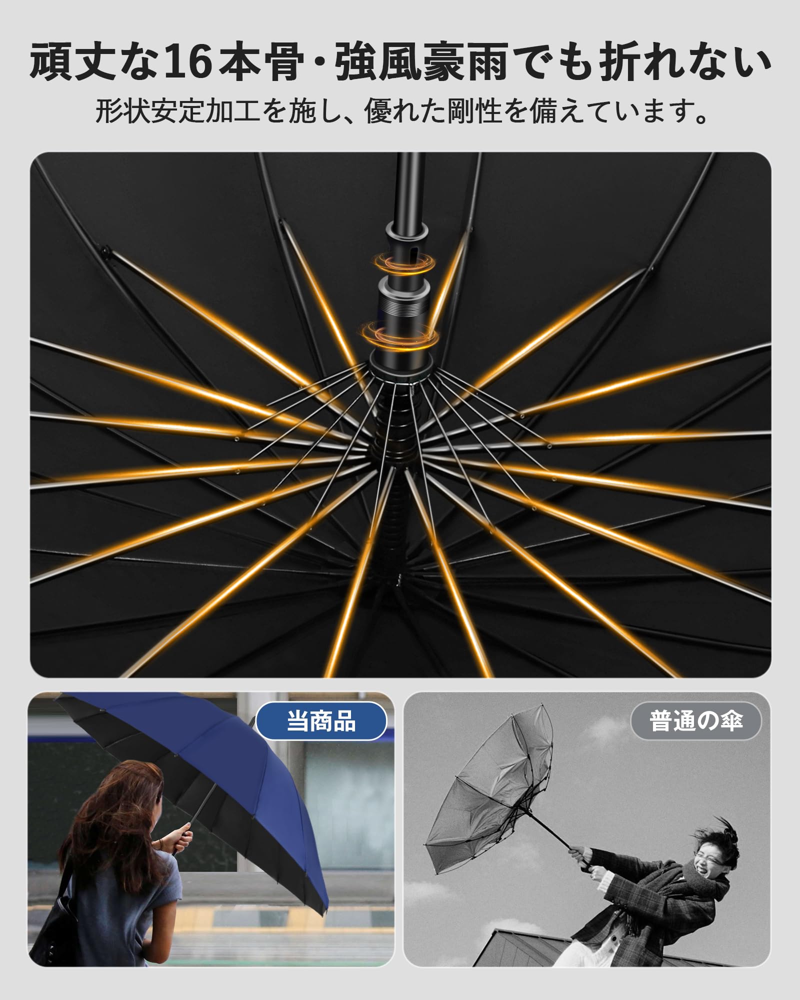 [VARNIC] 傘 メンズ 長傘 【高強度16本骨 99%以上遮光率】 ジャンプ傘 メンズ レディース 直径115cm 大型 丈夫耐久 300T高密度生地 グラスファイバー 日傘 UVカット 遮光遮熱 耐風撥水 豪雨対応 梅雨/台風対策 晴雨兼用 - 3