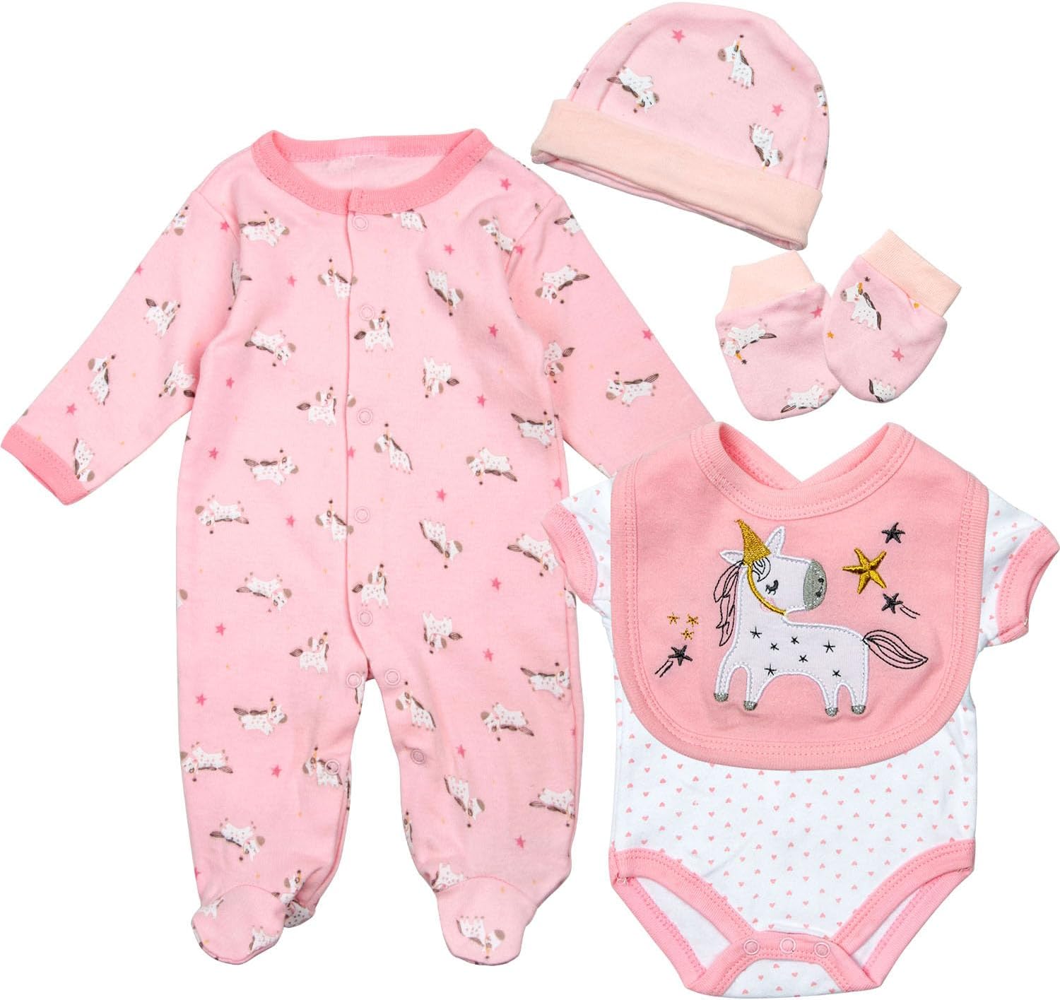 Reborn Baby Doll Clothes for 17-22 Inch Dolls Girl Pink Outfits 5-Piece Newborn Babydoll Clothes with Romper+ Hat and Bib Reborn Baby Dolls Accessories
