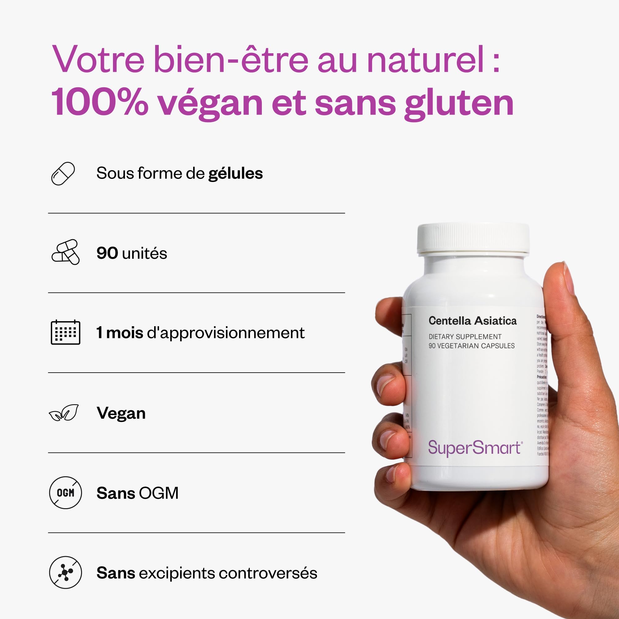 Centella Asiatica - L’Herbe du Tigre - Soutient le Bien-Être Mental et Réduit le Stress - Contribue au Bon Fonctionnement du Système Immunitaire - Vegan - Sans Gluten - Supersmart