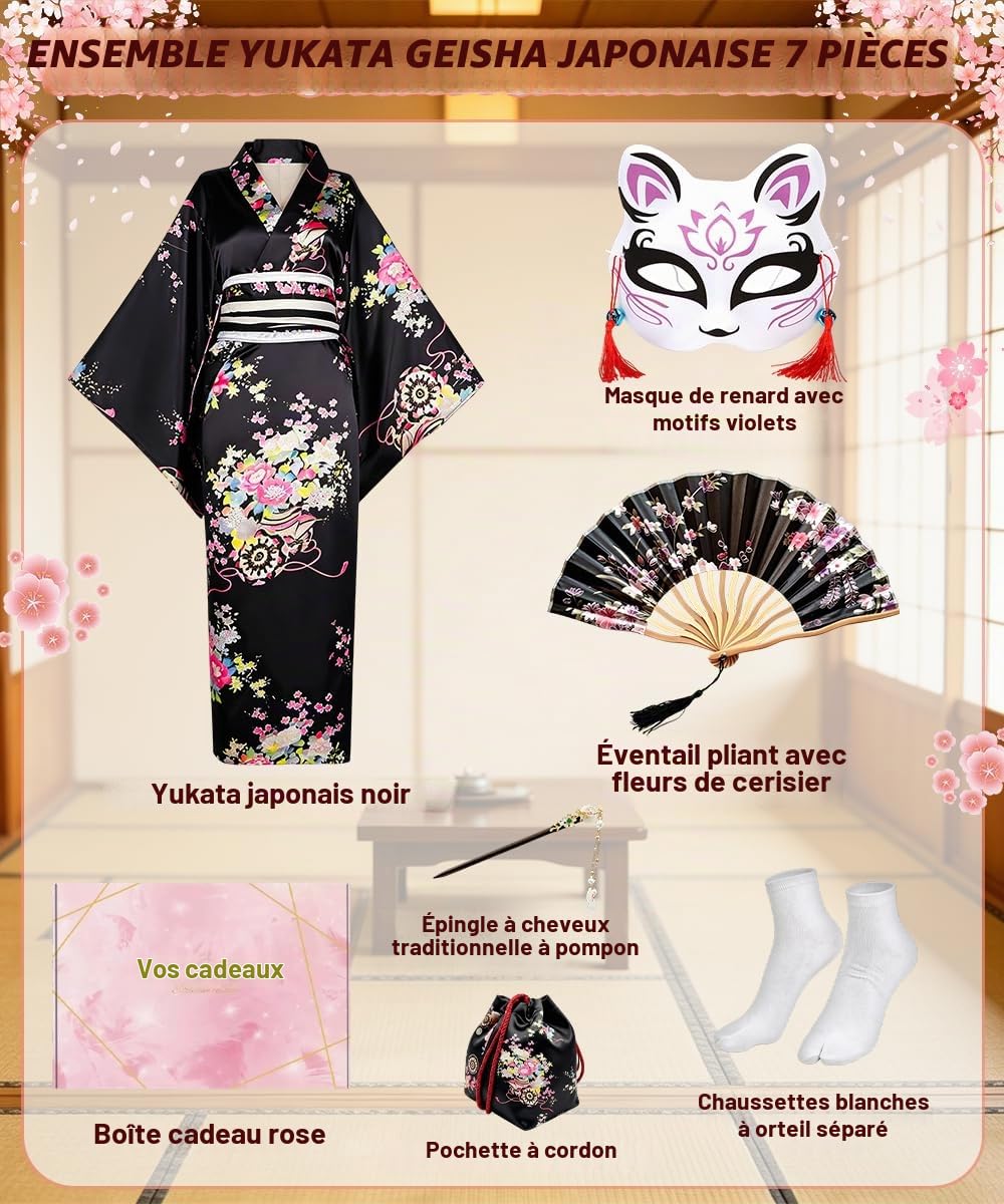 Robe Japonaise Geisha Yukata, Kimono Japonais Femme avec Sac, Éventail, Épingle à Cheveux, Tenue Japonais Yukata pour Cosplay, Carnaval, Fête