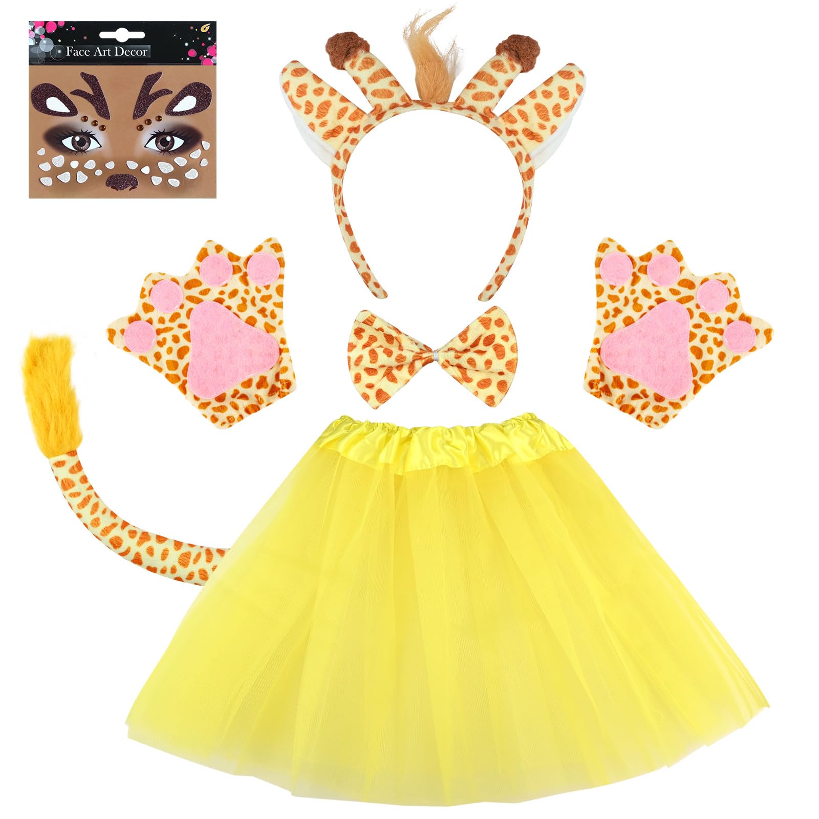 CERICAI 6 Pieces Giraffe Costume Set - Giraffe Headgear Tail Bow Tie Glove Face Sticker Tutu Kit, Animal Fancy Dress for Kid & Adults, Halloween Cosplay Party Accessories