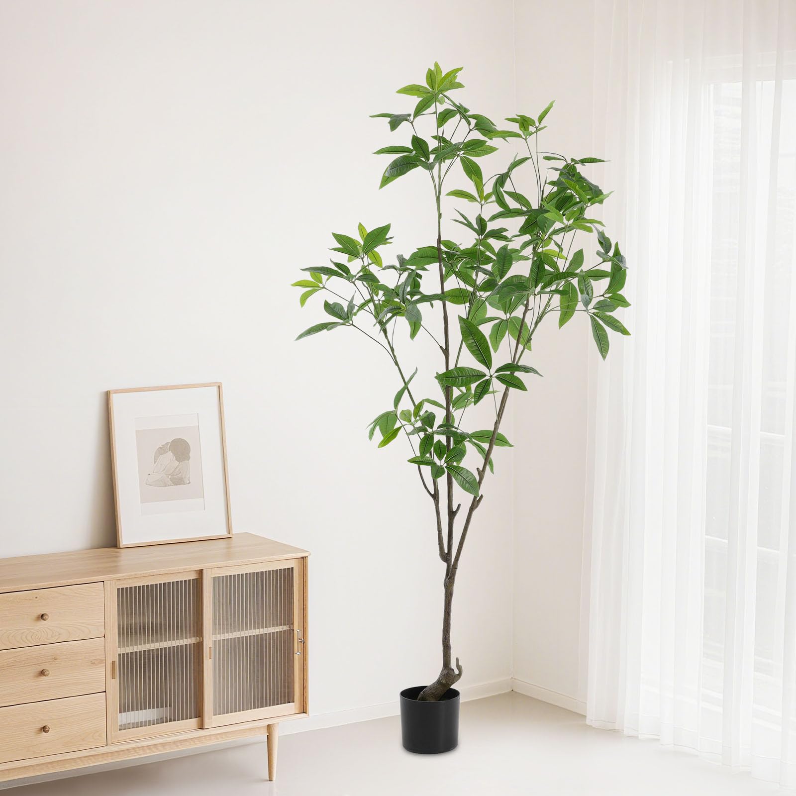Künstliche Glückskastanie 180cm im Topf, Großer Kunstbaum Pachira Wie Echt Künstlicher Baum, Naturgetreue Deko Pflanze für Wohnzimmer, Büro & Innenbereich