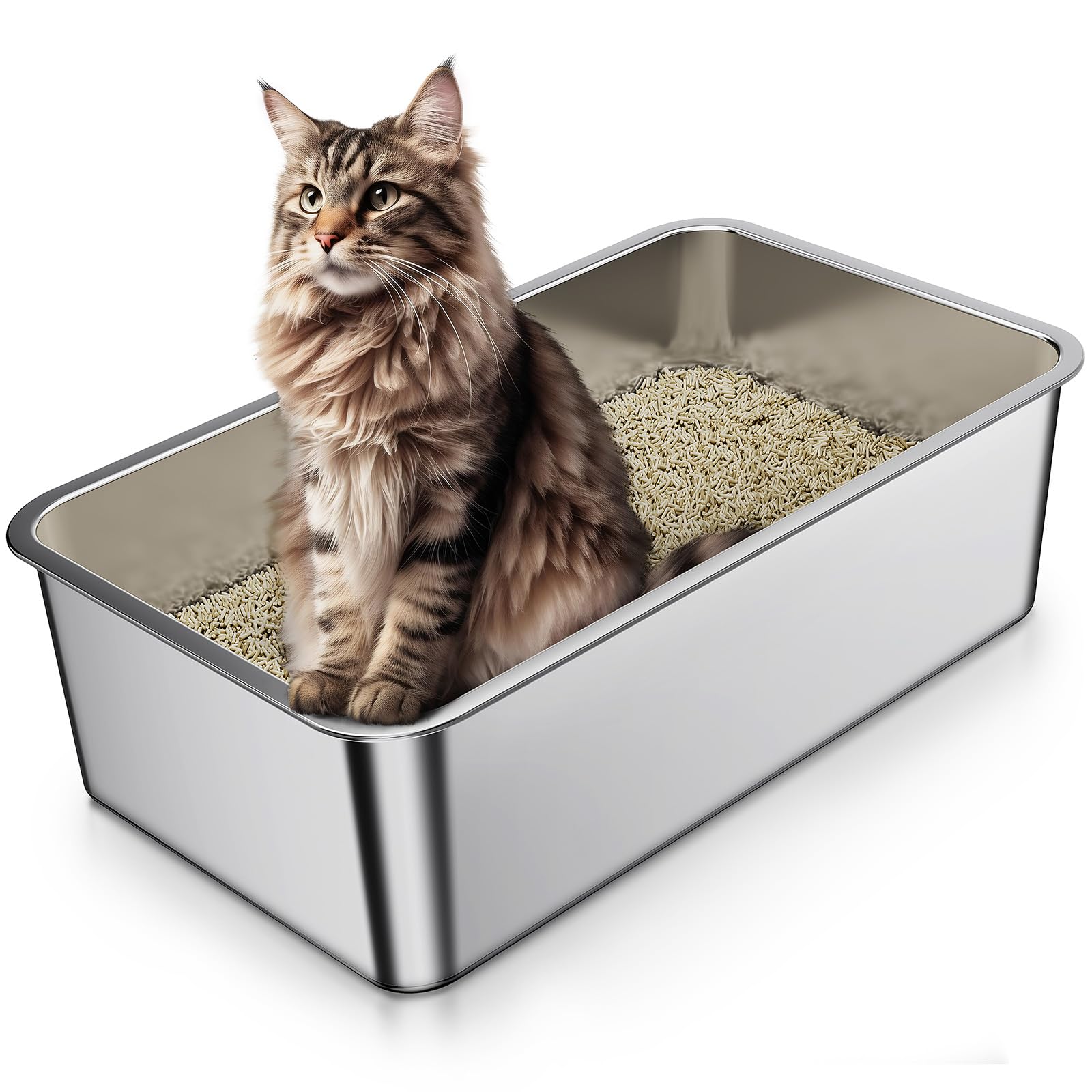 Extra Large Stainless Steel Litter Box for Big Cat, 23.4" L x 15.6" W x 6" H with High Side, Cat Litter Box No Odor Left, Metal Litter Box Non-Sticky, Easy to Clean