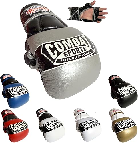 Combat Sports Max Strike - Guantes de entrenamiento de MMA, guantes de palma abierta para MMA, Muay Thai y Kickboxing, plateadonegro, regular