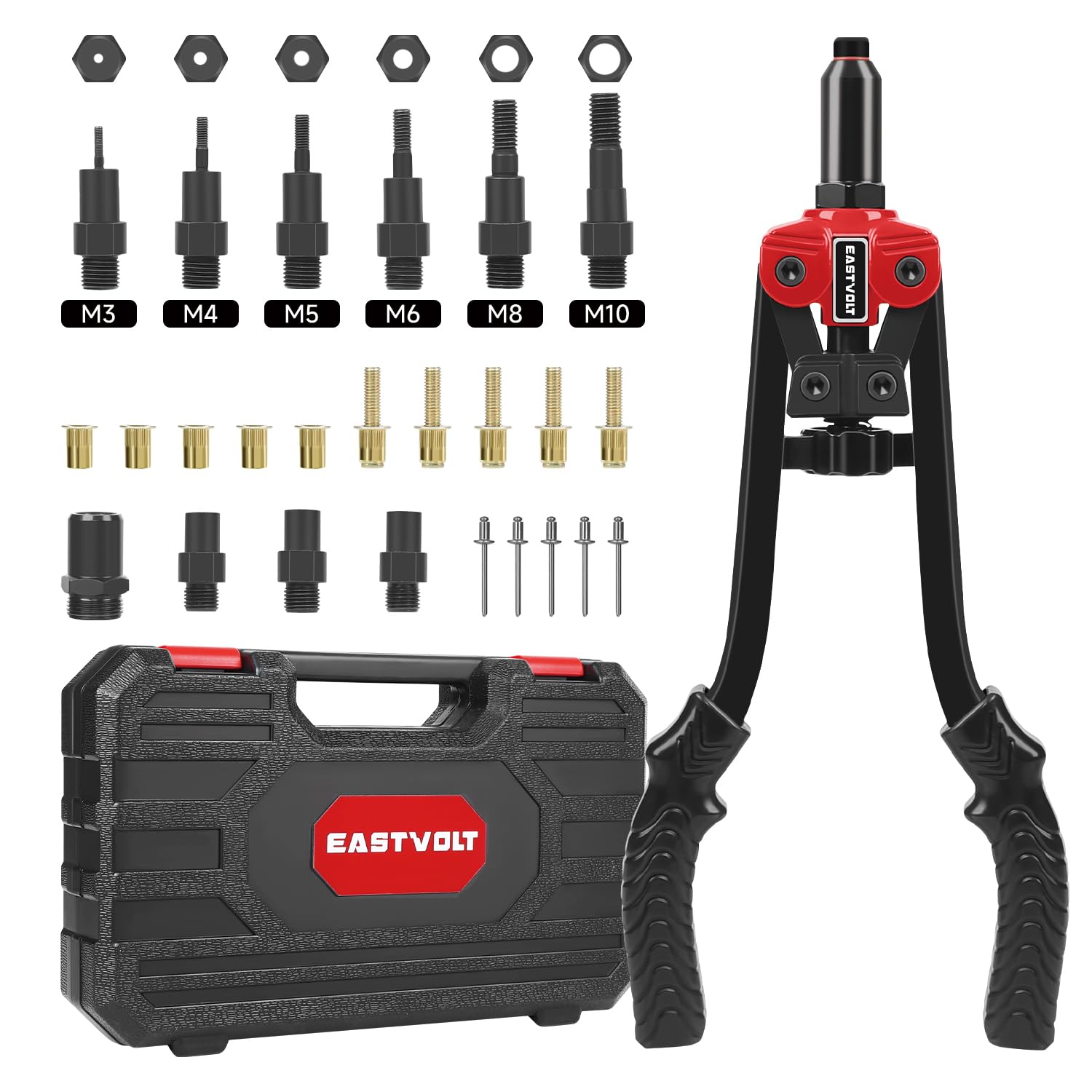 Eastvolt Rivet Nut Tool Kit, 3 in 1 Hand Rivet Gun, 14-Inch Rivnut Tool with 6 Metric Mandrels M3 M4 M5 M6 M8 M10, Rivet Bolt Tool with 3 Metric Bolt Mandrels and Rugged Carrying Case