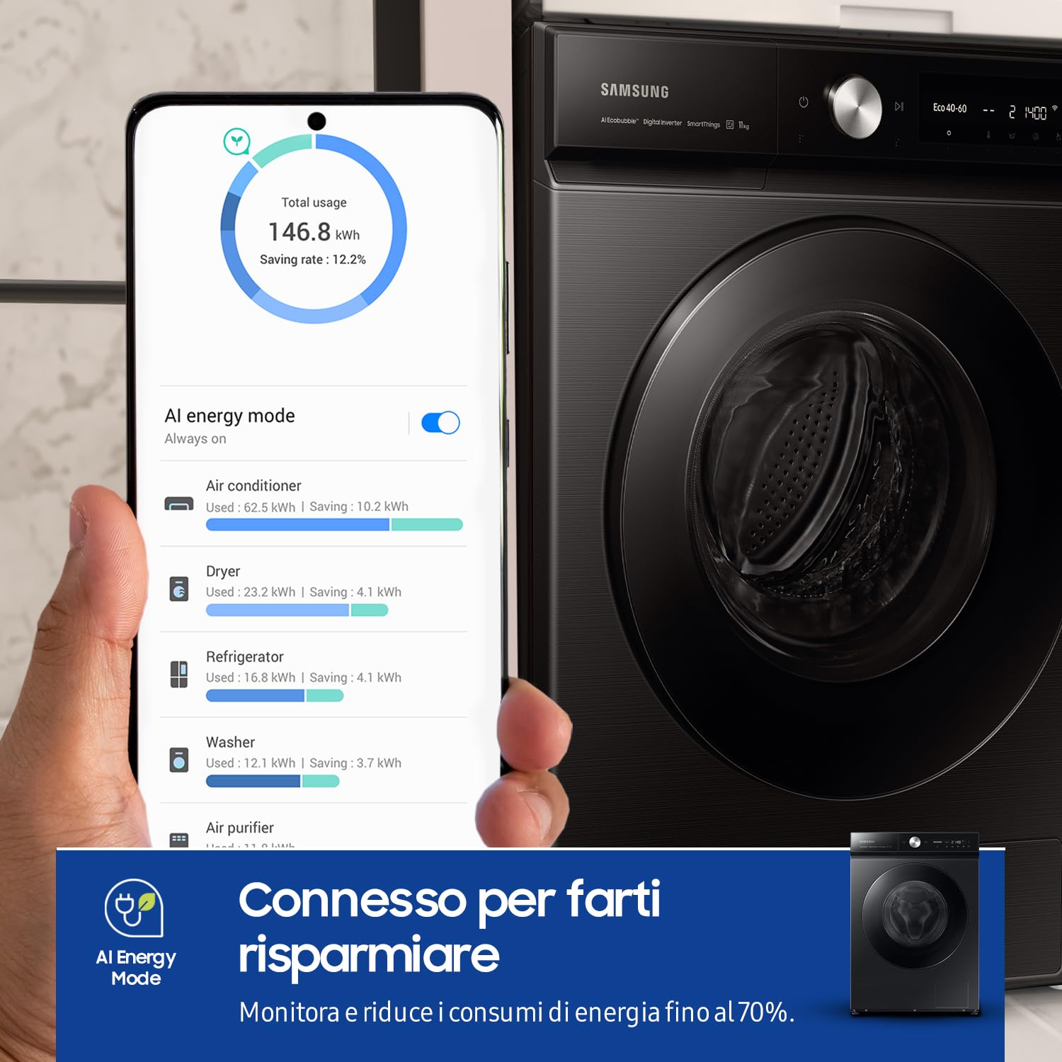 Samsung Lavatrice Bespoke AI Quickdrive WW11DB8B95GB/U3, Libera installazione, 11 Kg, 1400 RPM, Wi-Fi, AI Control, Vapore, Carica Frontale, 60l x 85h x 60p cm