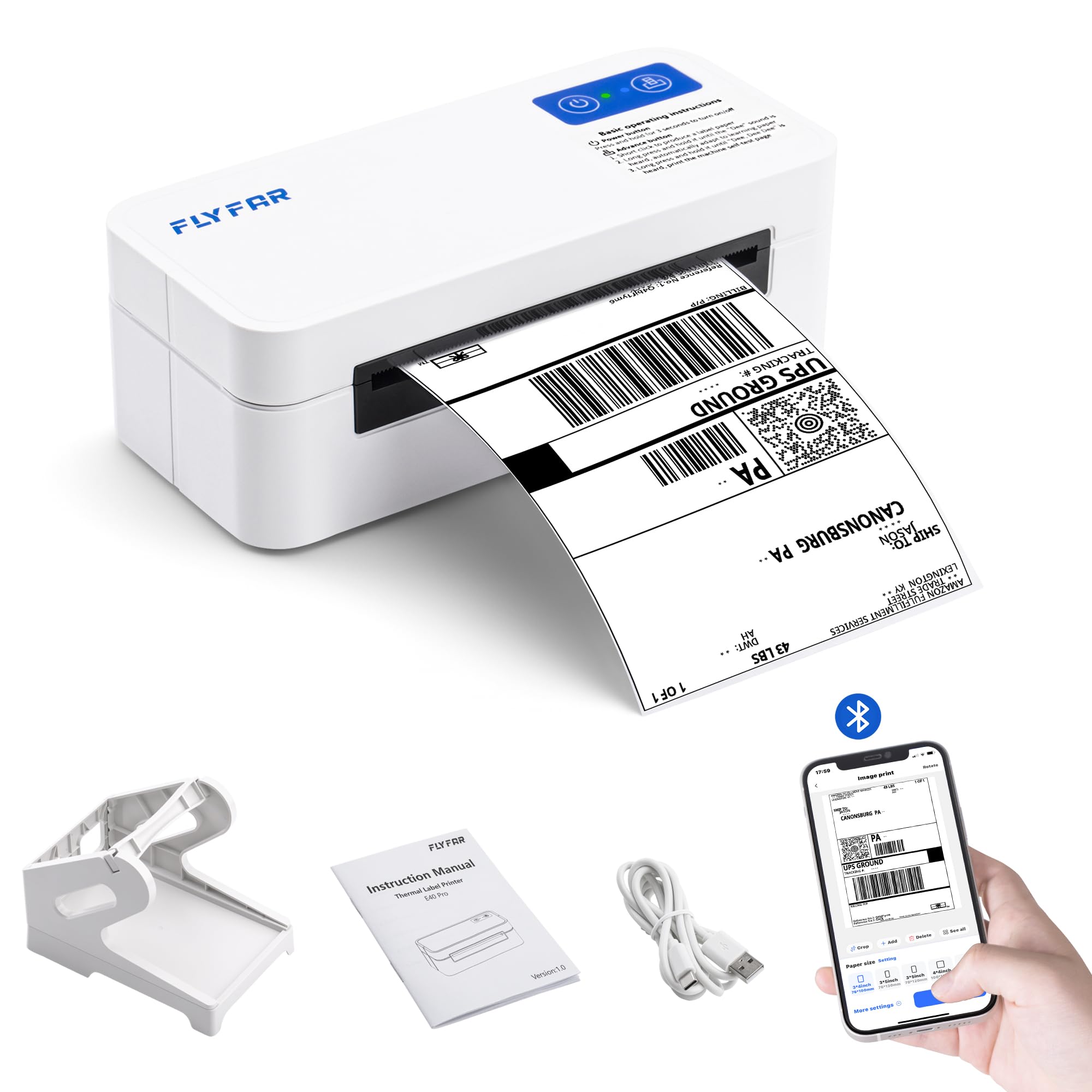 FLYFAR Bluetooth Thermal Label Printer Shipping Label Printer for Small Business 4x6 Support Windows,Mac,iOS, Android,Desktop Printer Labels Maker Used for Amazon,Shopify,Ebay,UPS