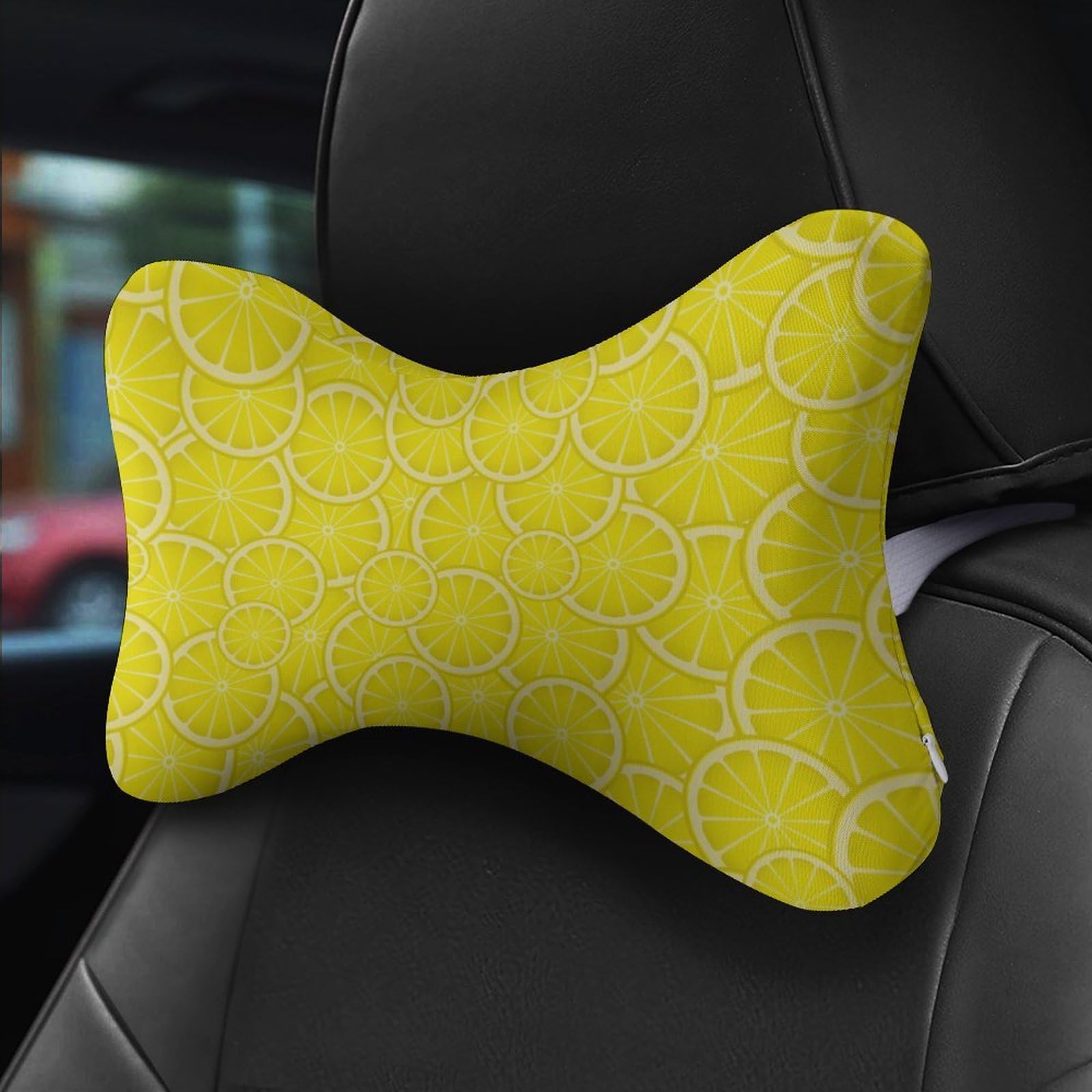SMAZDFXX Yellow Lemon Slice Car Neck Pillow Set of 2 Car Seat Head Support Cushion Bone Pillows with Elastic Strap