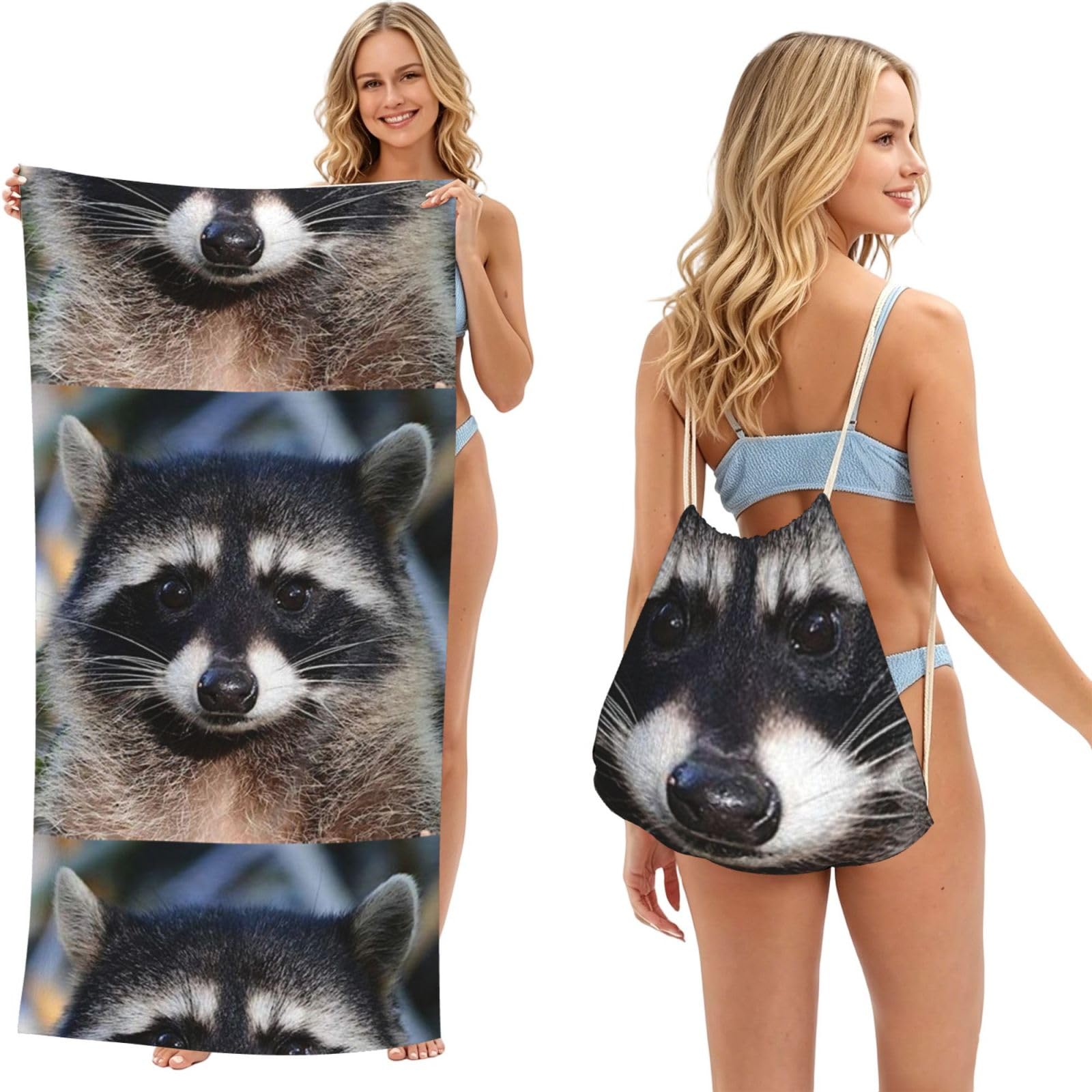 Poadnly As Picture Little Raccoon Face, 2 In 1 Packable Towel Bag, Beach Towels With Drawstring Backpack For Travel Holiday Camping