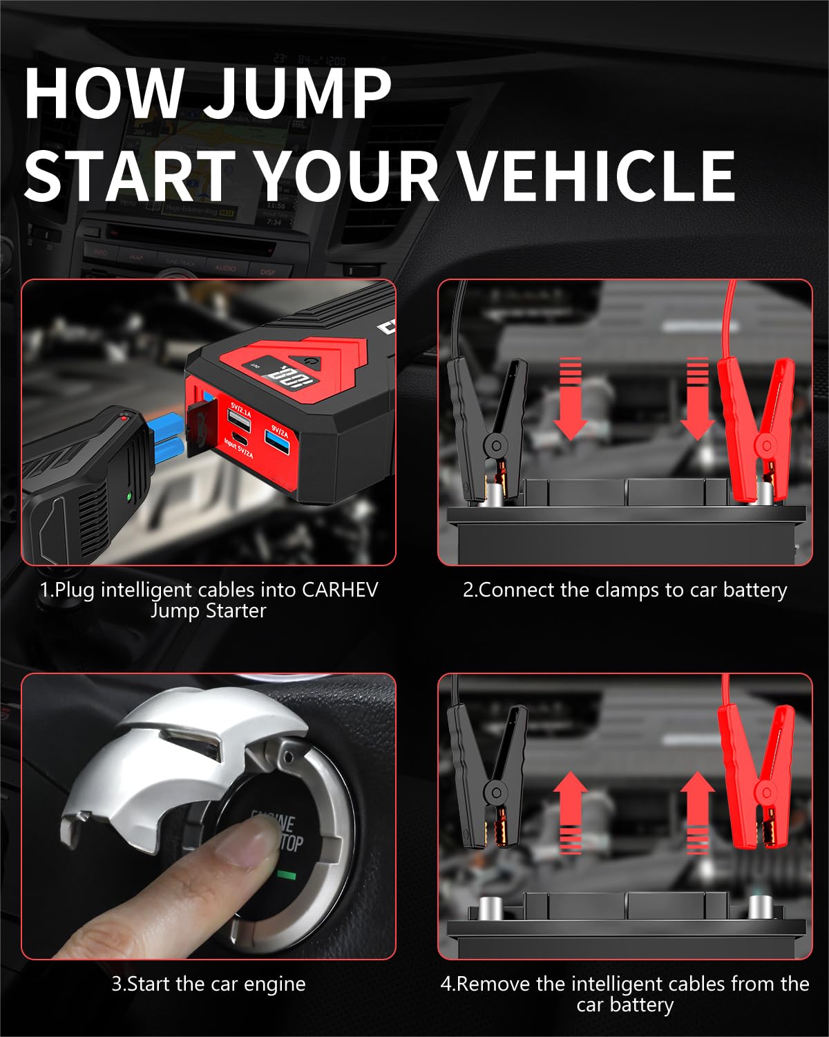 CARHEV Booster Batterie Voiture 4000A, Démarreur de Voiture (Jusqu’à 8.0L Essence & 8.0L Diesel), 12V Car Jump Starter avec Pinces de Sûreté Intelligentes, Lumière LED à 3 Modes