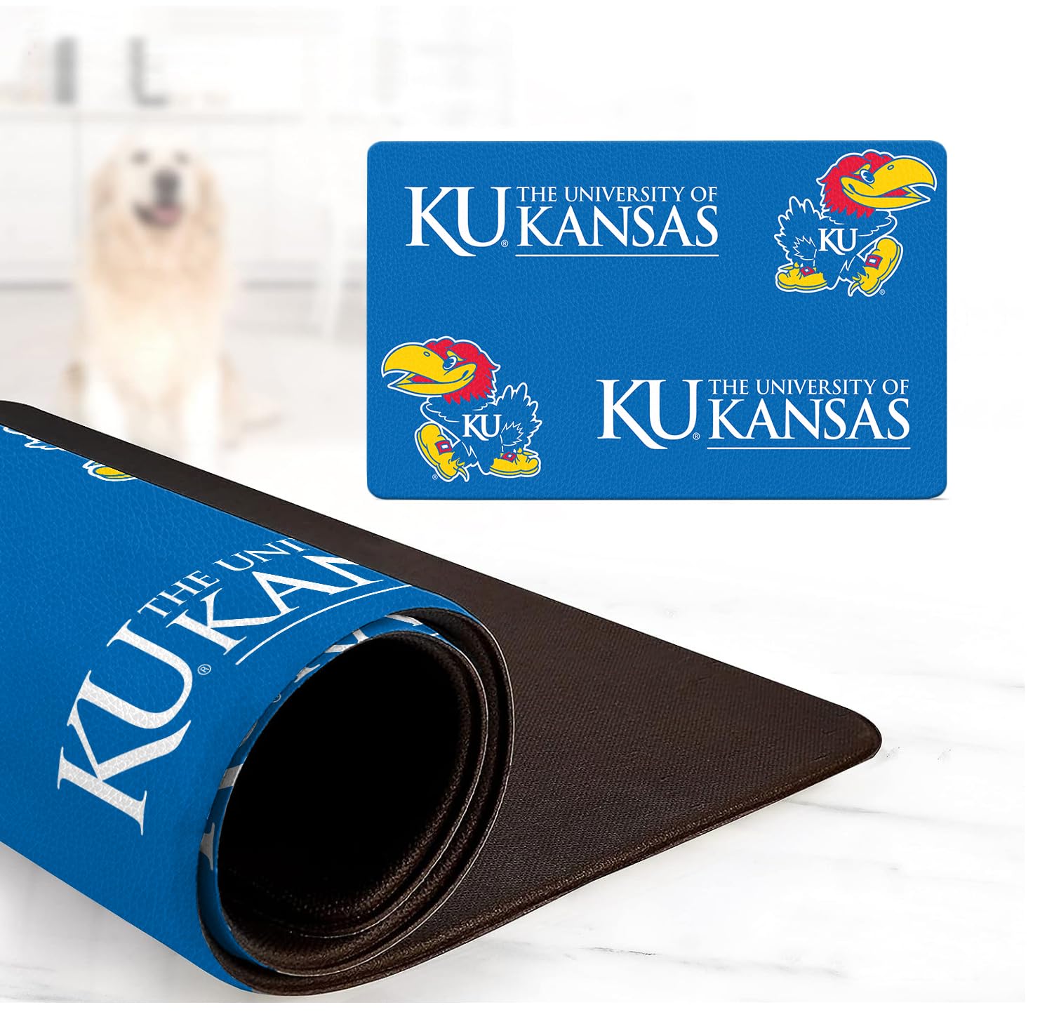 Kansas Jayhawks Food and Water Placemat for Dogs and Cats | 16" x 28" | Non-Slip | Water-Proof