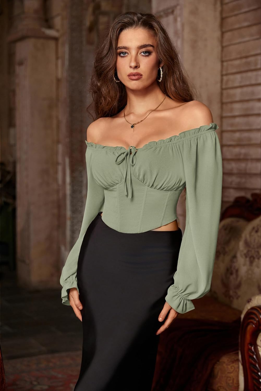Scarlet Darkness Vintage Corset Tops for Women Renaissance Blouse Off Shoulder Long Sleeve Top - Image 7