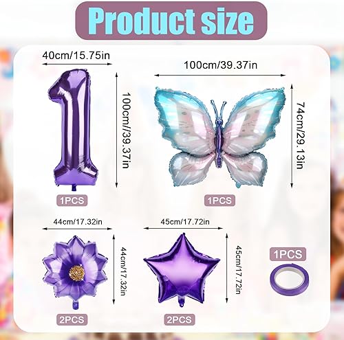Miniatura 2 de Juego de 6 globos de mariposa grandes de 40 pulgadas, globo de mariposa púrpura con número de aluminio de 40 pulgadas con globos en forma de flor y