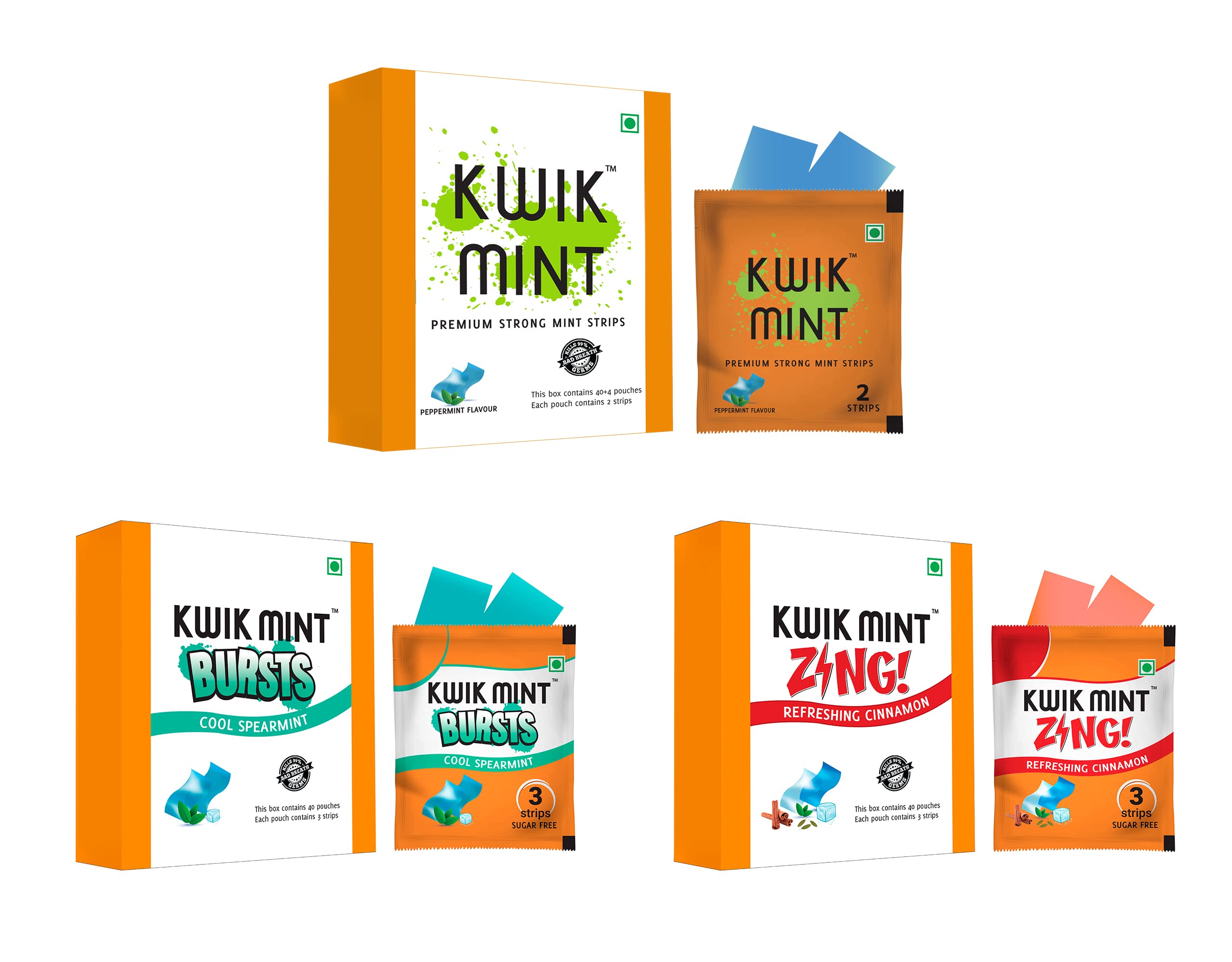 Kwik Mint Combo - Sugar Free Mouth Freshener Strips (Mints - Peppermint, Bursts - Spearmint and Zing - Cinnamon Flavoured) - Pack of 1
