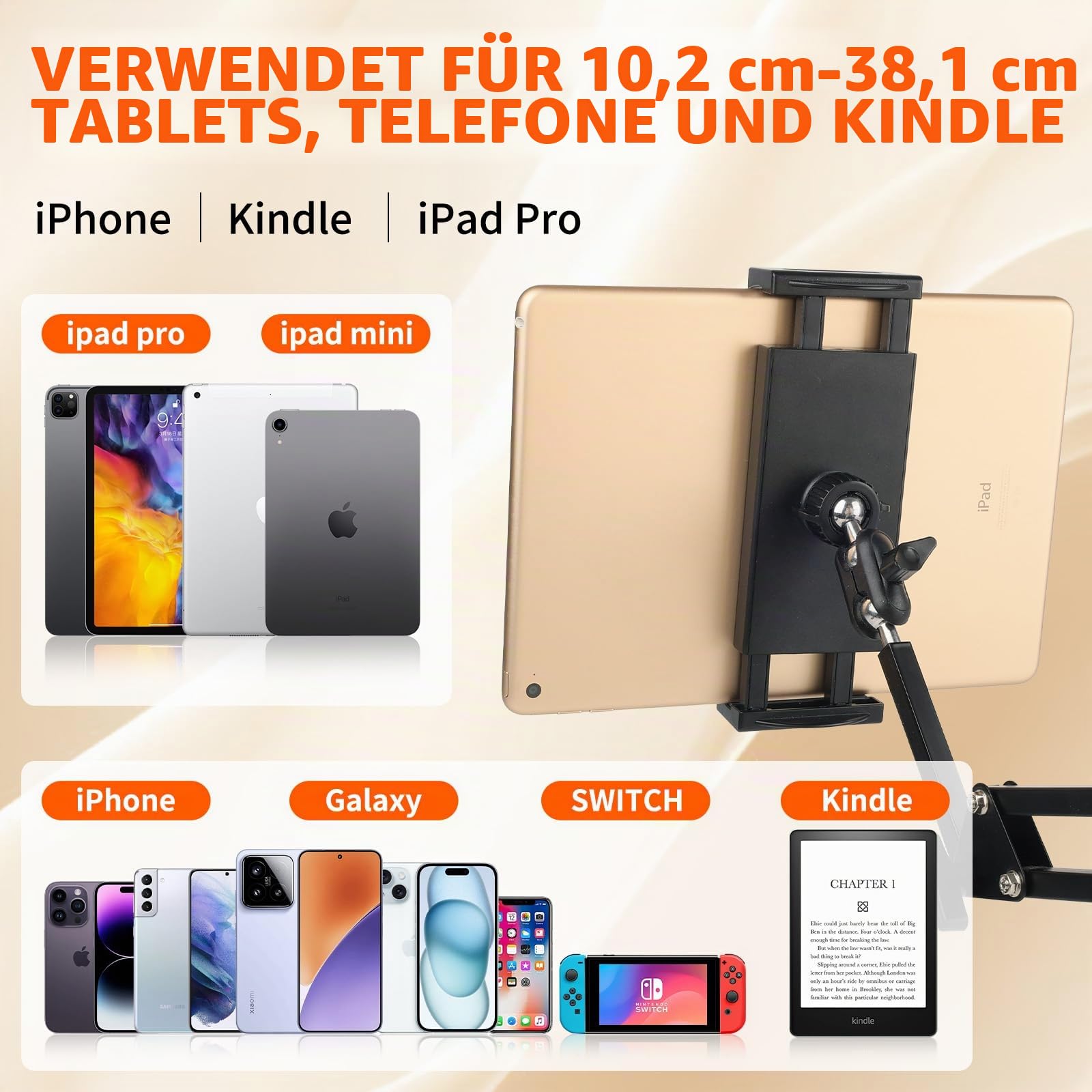 Hand Frei Tabletstablet Halterung für Bett und Sofa mit Verstellbar Langen Arm - Faltbar Metall Ständer für Kindle, Tablets, iPad und Handy, Verstecktes Design,Keine Schäden an Möbeln (NB-35D Plus)