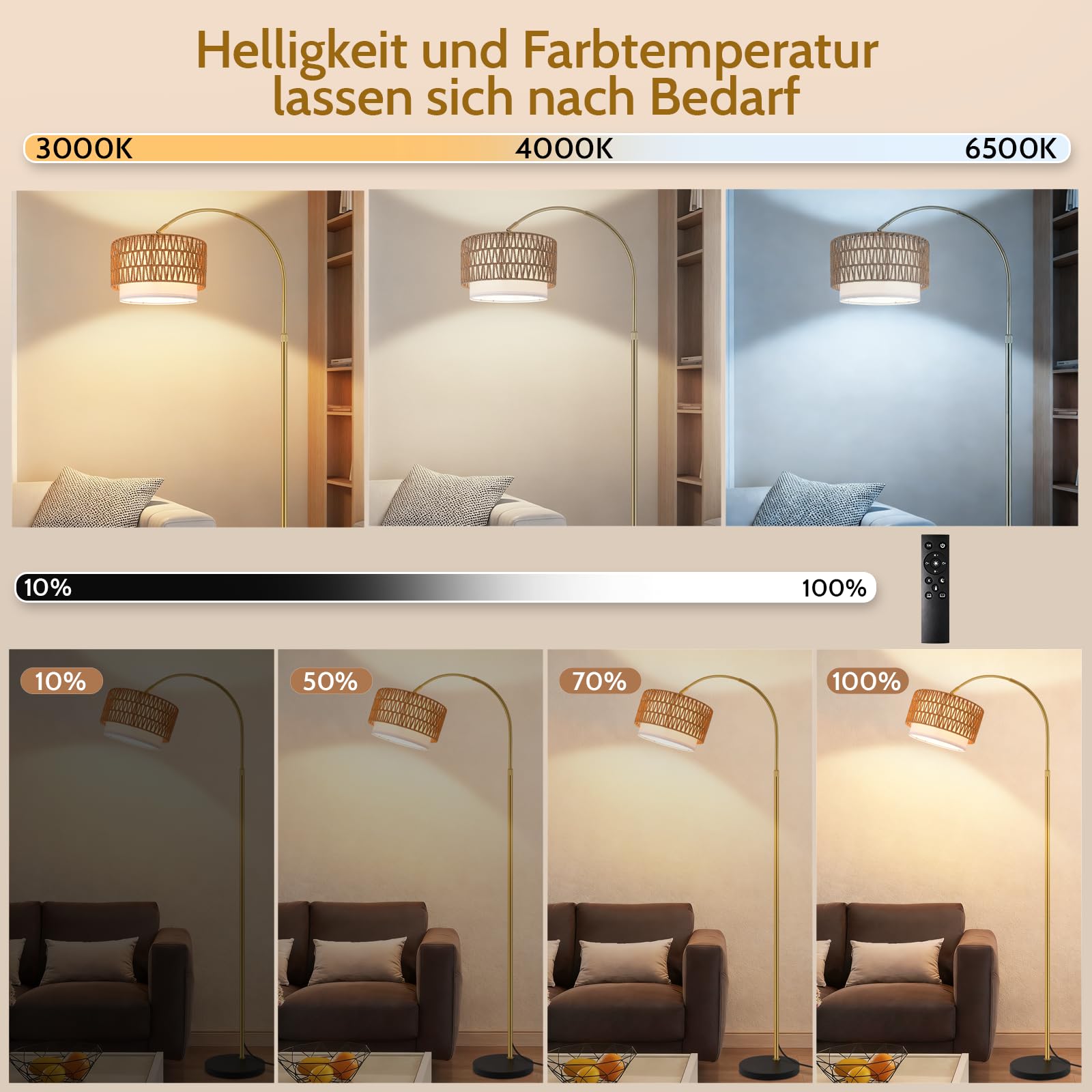 Lampada da terra ad arco per soggiorno, stile boho dorato: lampada da terra in rattan, dimmerabile con telecomando, lampada ad arco incl. 1 LED da 9 W adatta per ufficio e camera da letto