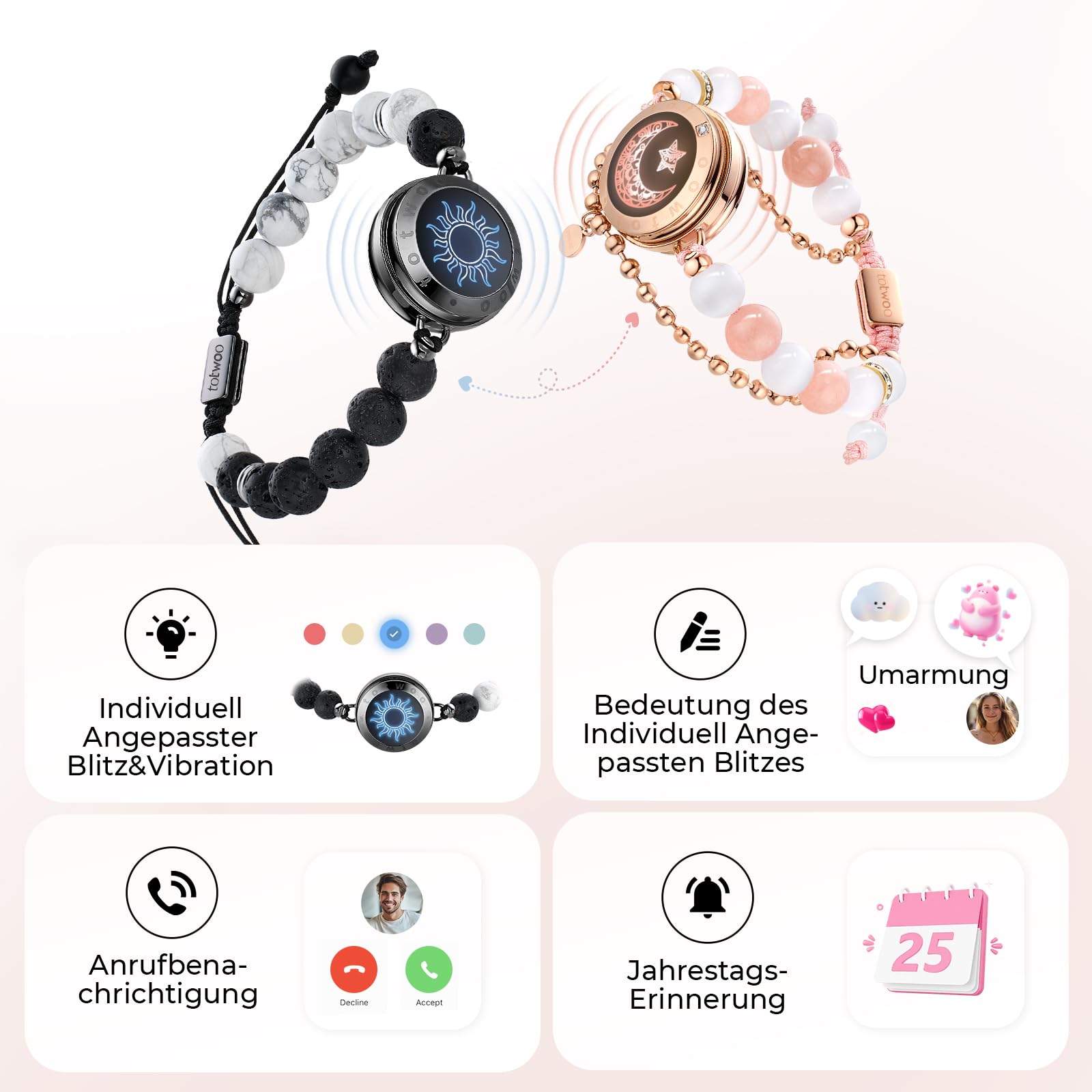 TOTWOO Fernbeziehungs-Touch-Armbänder für Paare – Intelligente Leuchten & Vibration für Liebespaare, Heilstein-Armbänder | Fernbeziehungsgeschenke für Freundinnen, Bluetooth-Paarung – Schmuck