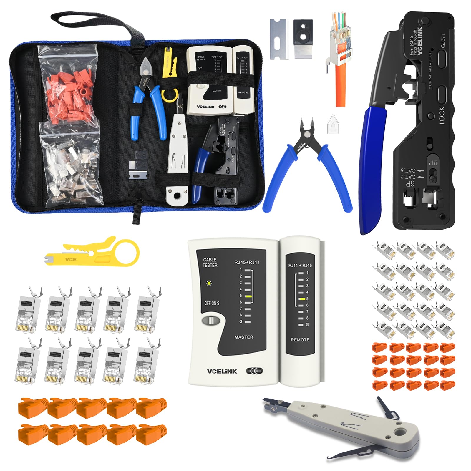 VCELINK Netzwerk Werkzeug Set mit RJ45 Crimpzange, 20 x RJ45 Stecker Cat7/Cat6a, Netzwerktester, LSA Werkzeug, Abisolierzange, Stofftasche und 10 Stück 10Gbps RJ45 Stecker Cat7/Cat6A mit Einfädelhilfe