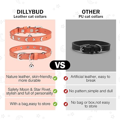 Miniatura 5 de Collares de cuero para gatos con campana y cinturón elástico de seguridad, collar de hebilla ajustable de estrella y luna personalizado para gatos