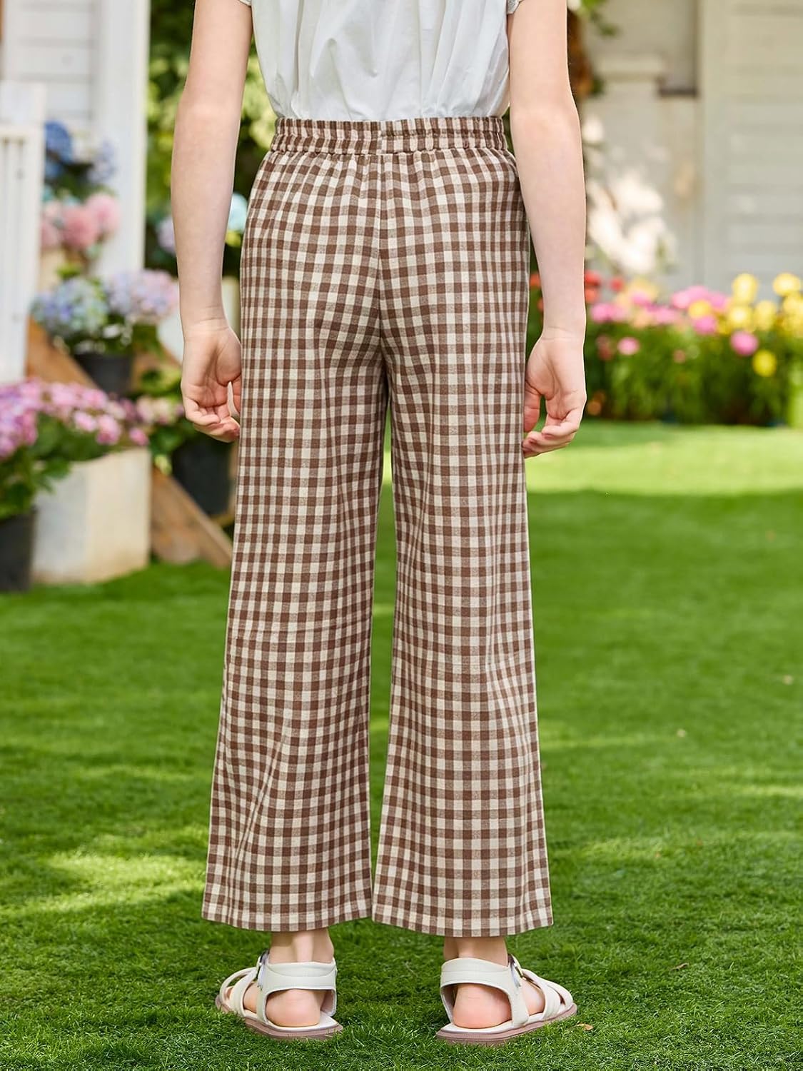 Haloumoning Girls Gingham Pants Kids Casual Elastic High Waist Plaid Pants image 5